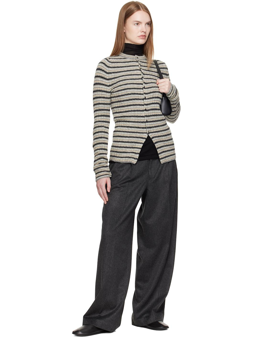 Gray Shetland Wool Cashmere Rib Knit Crew-Neck Cardigan - 4