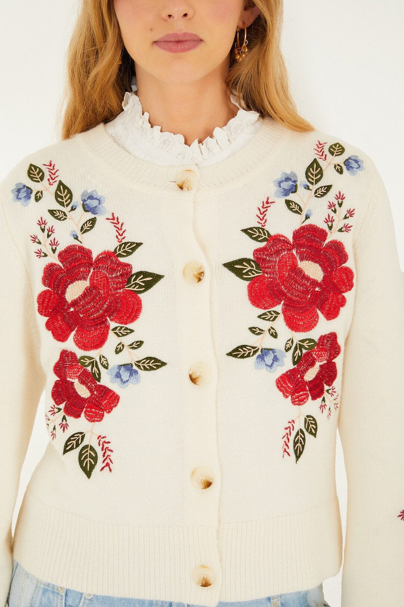 FARM RIO Cream Embroidered Flowers Buttoned Knit Cardigan outlook