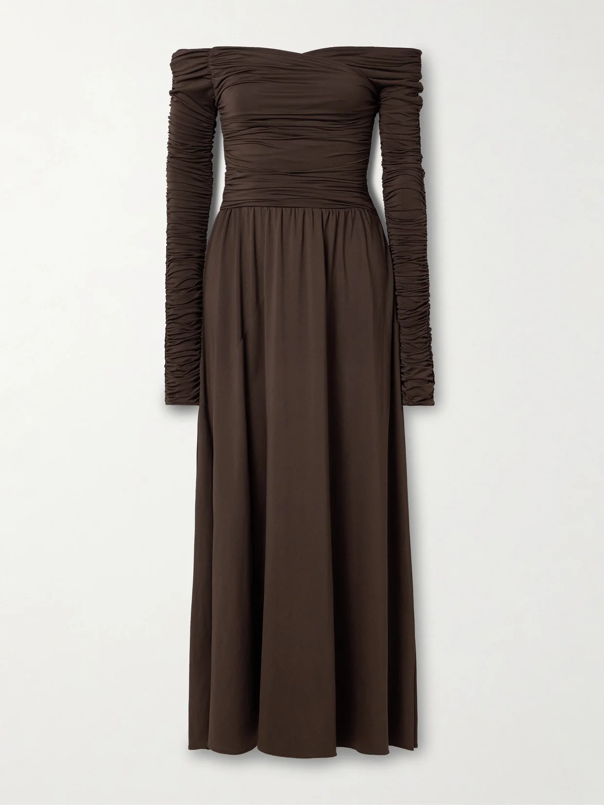 Charlotte Off-the-shoulder Ruched Stretch Recycled-jersey Maxi Dress - 1