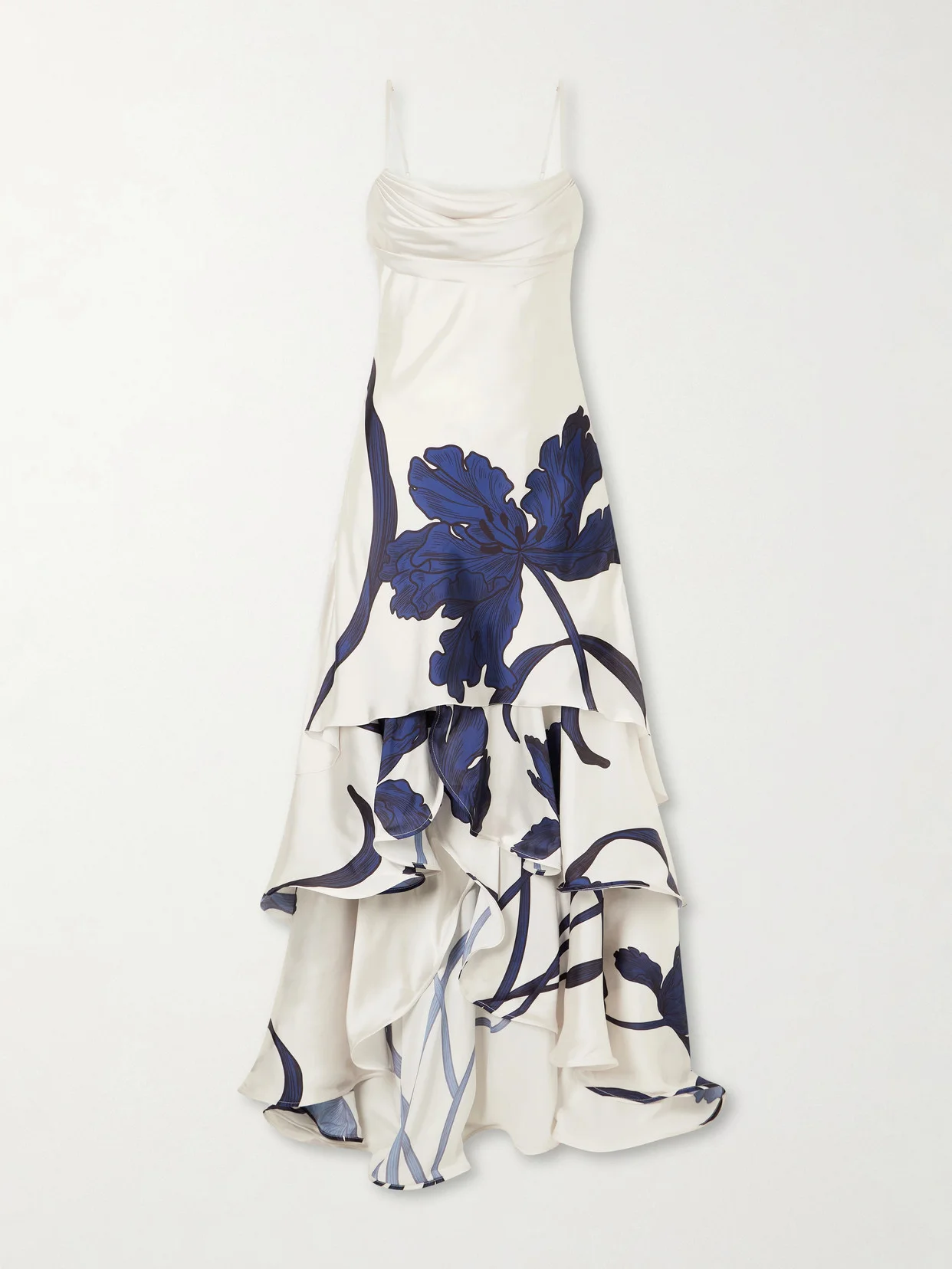 Inoportuna Printed Ruched Ruffled Satin Maxi Dress - 1