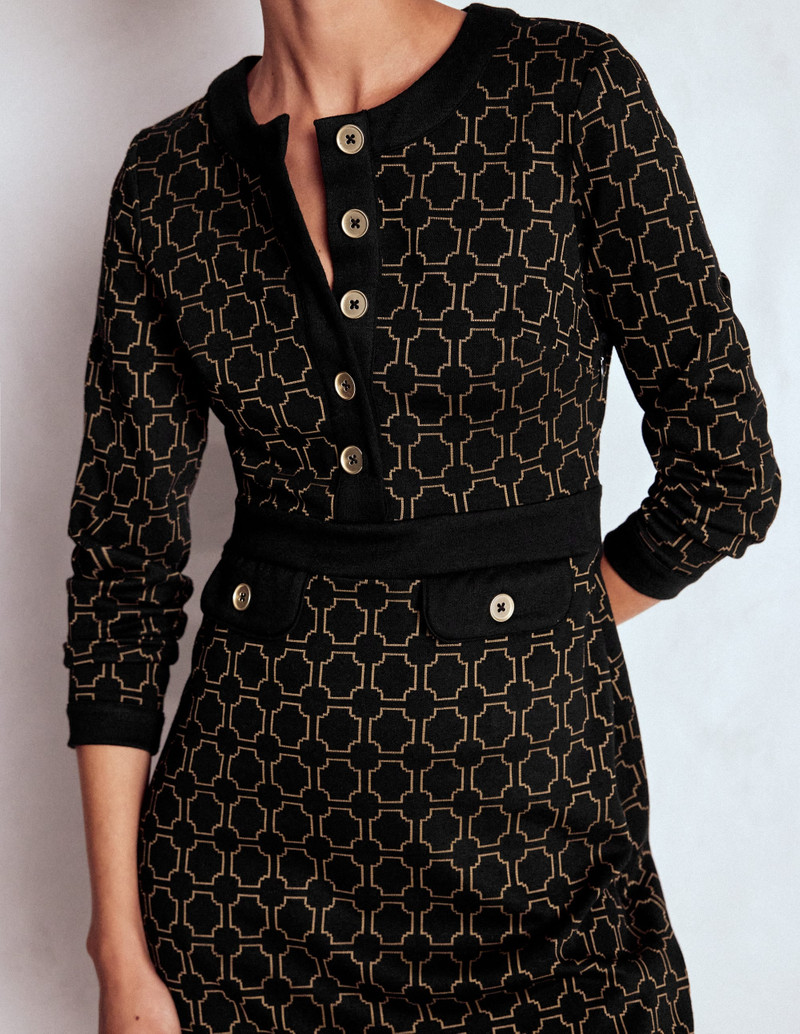 Lavinia Button Shift Dress-Black/Camel Jacquard 3