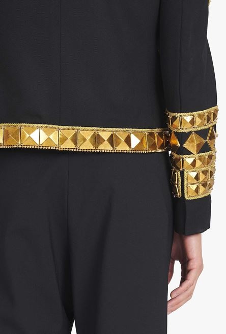 Black wool spencer jacket with gold-tone studded embroidery - 10