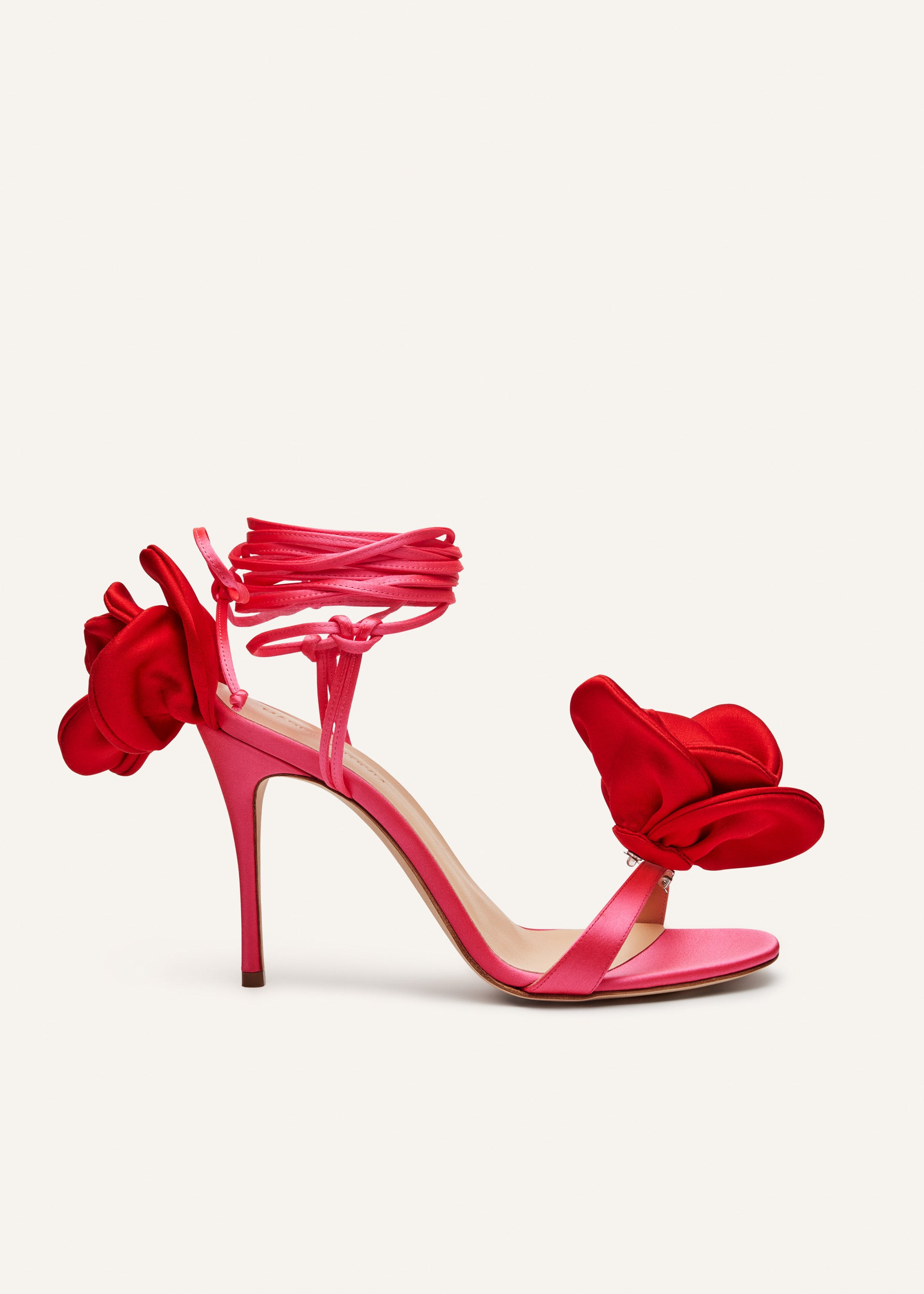 Double red flower heel sandals in fuchsia satin - 1