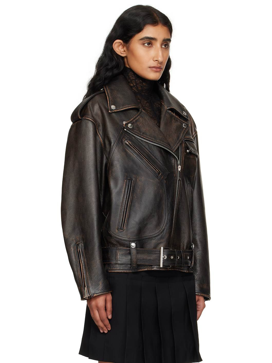 Brown Oversized Antiqued Leather Biker Jacket - 2
