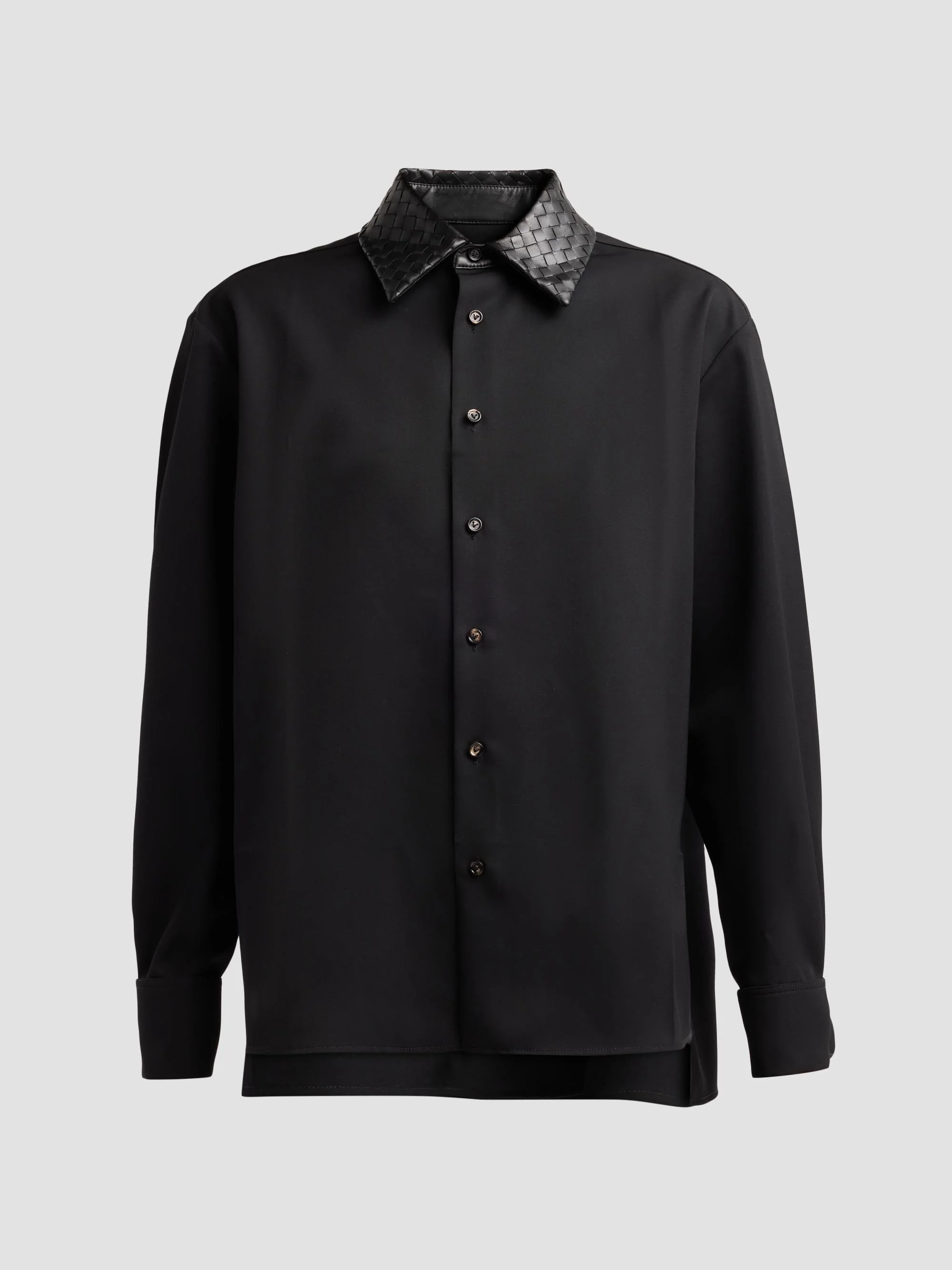 Women's Intrecciato Leather Collar Wool Shirt - Double Black - 1