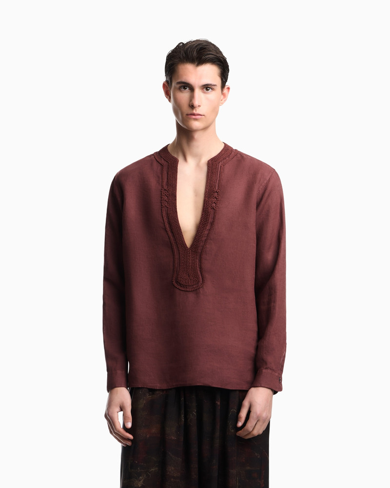 GARMENT-DYED LINEN V-NECK SHIRT WITH TRIM 3