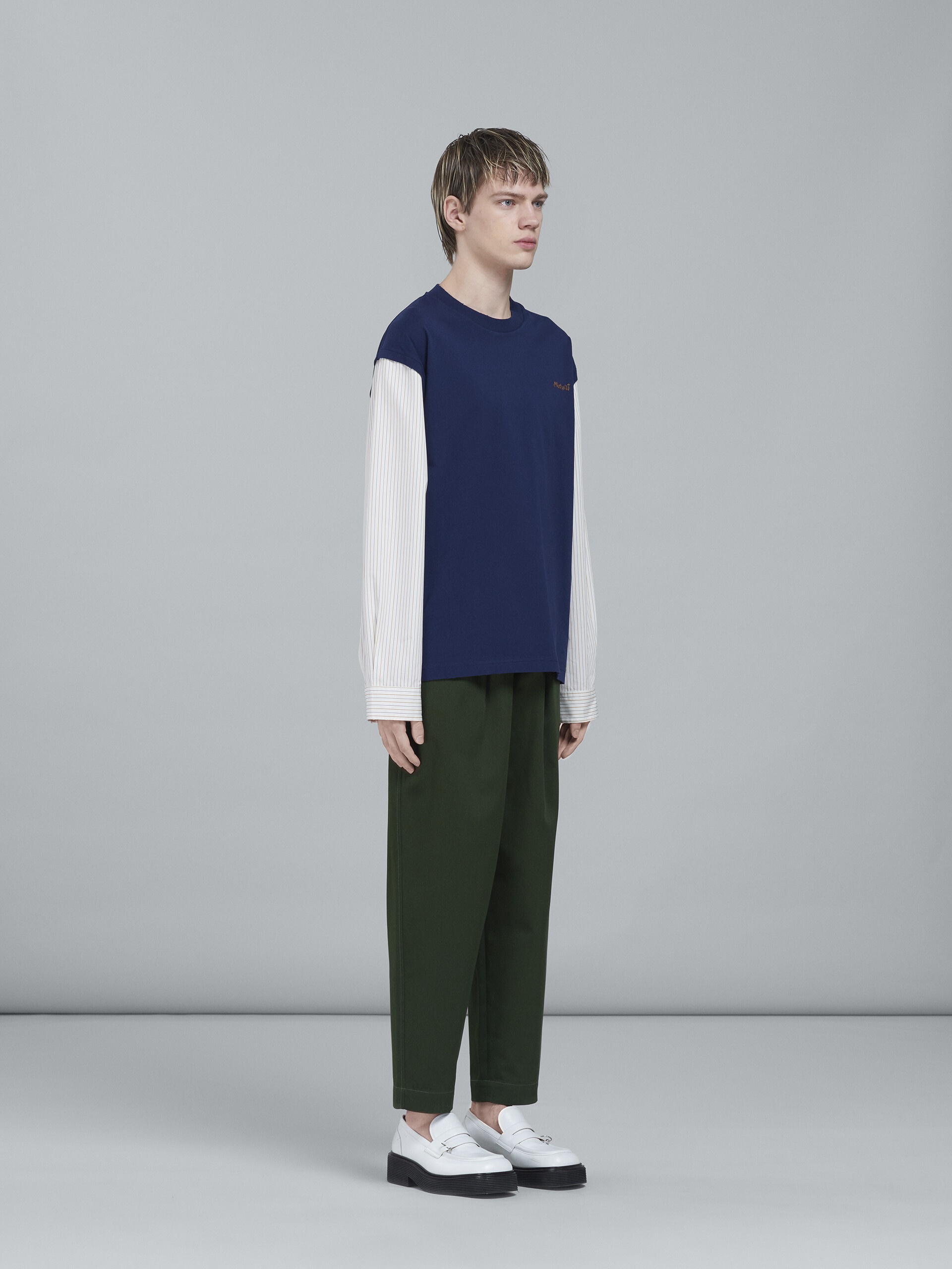 BLUE JERSEY T-SHIRT WITH STRIPED POPLIN SLEEVES - 5