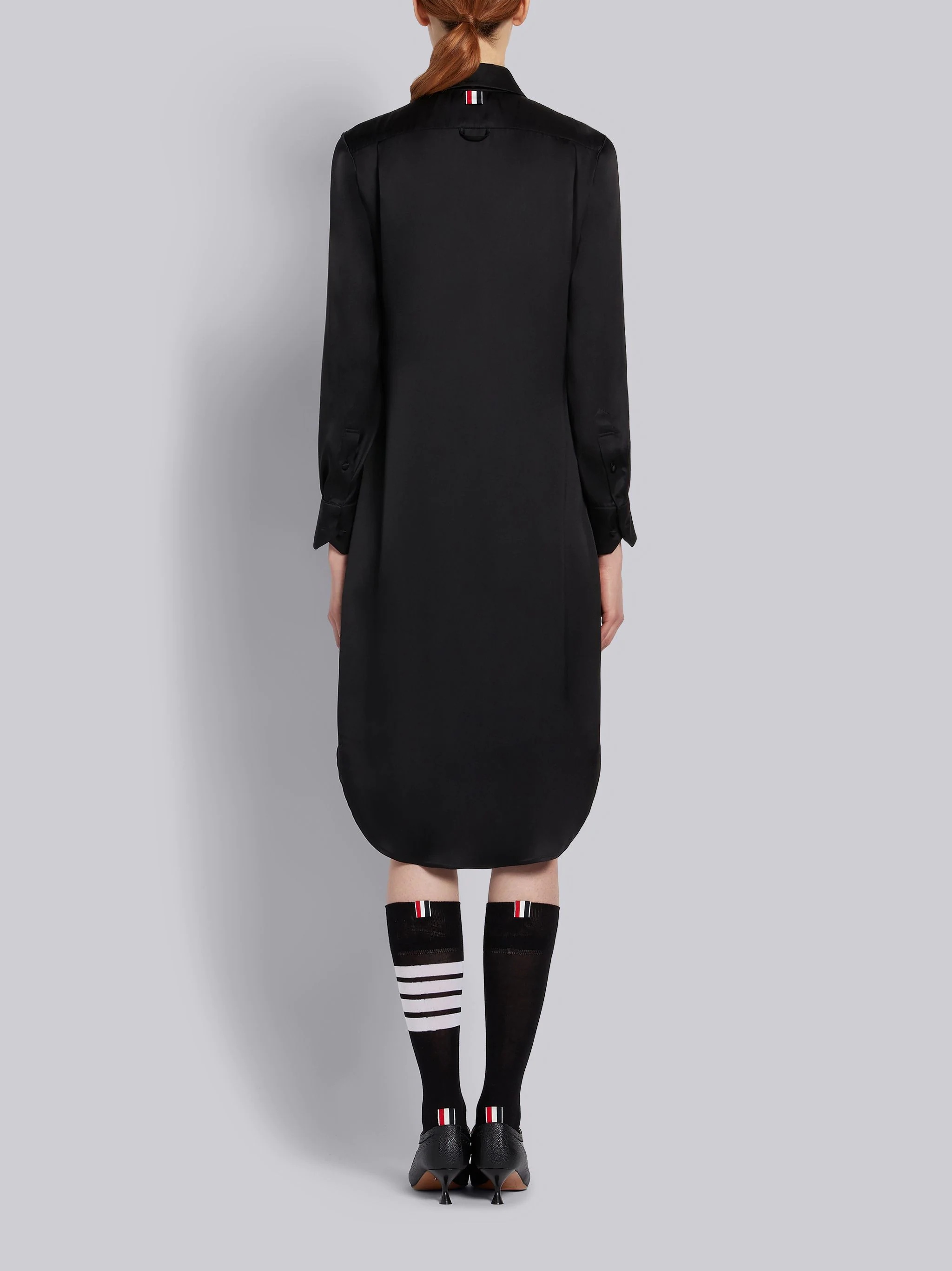Black Double Face Satin Silk Round Collar Classic Long Sleeve Shirtdress - 3