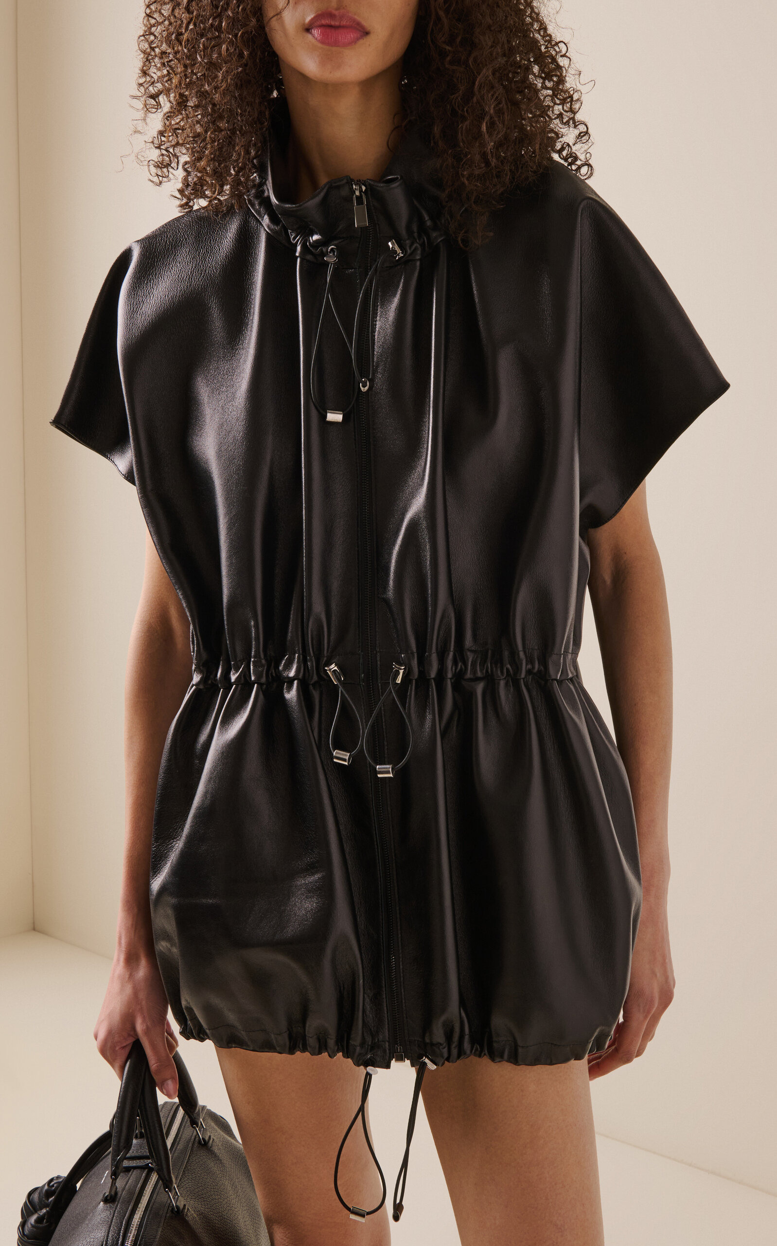 Kimono High Neck Leather Jacket black - 3