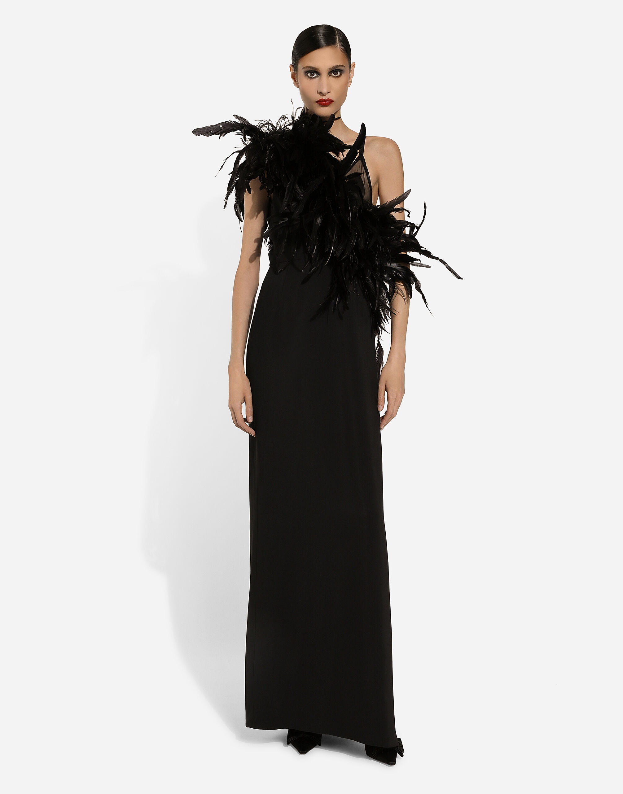 Long one-shoulder stretch cady dress with feathered neckline - 2