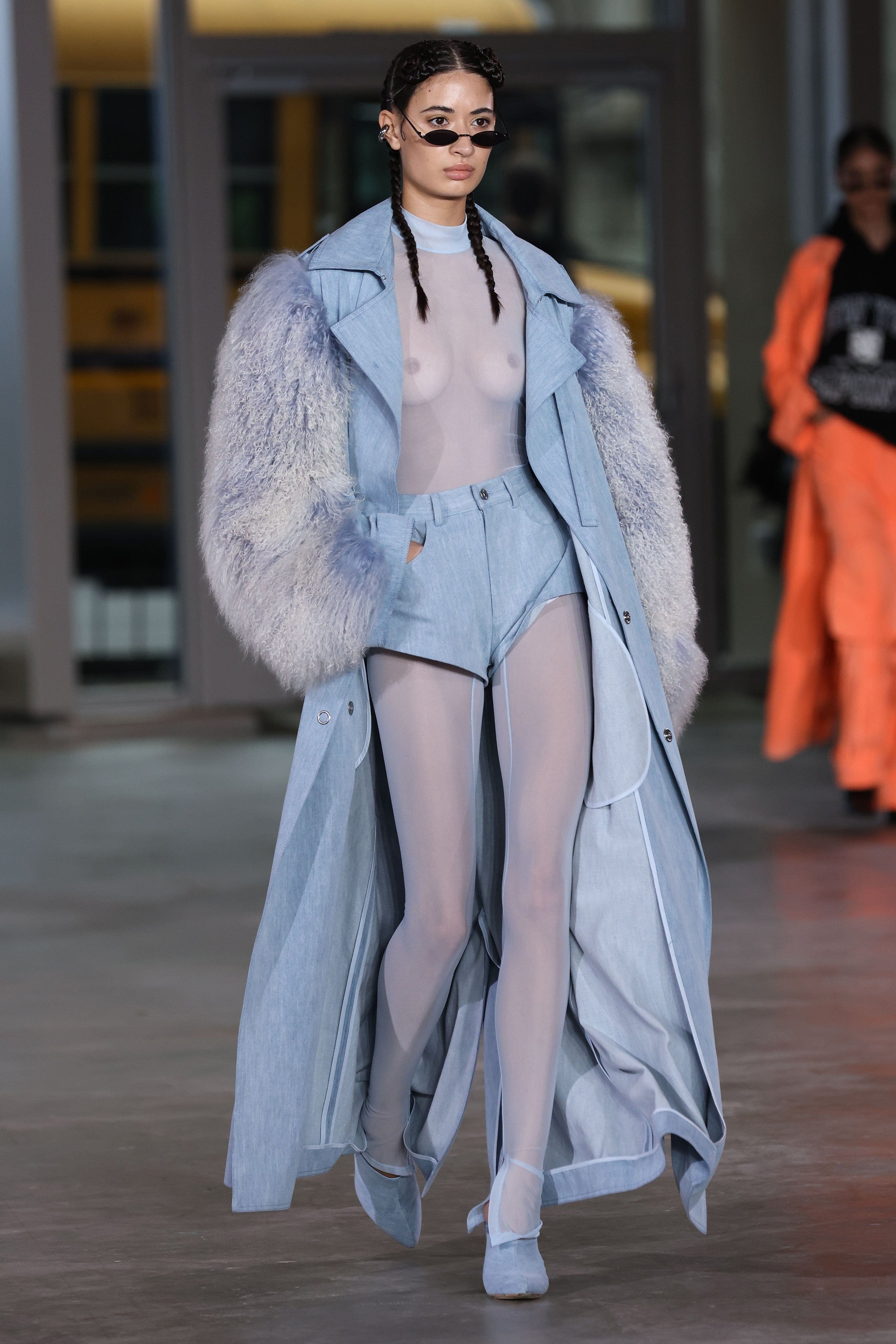 Washed Denim Double Breasted Trench With Shearling - 5