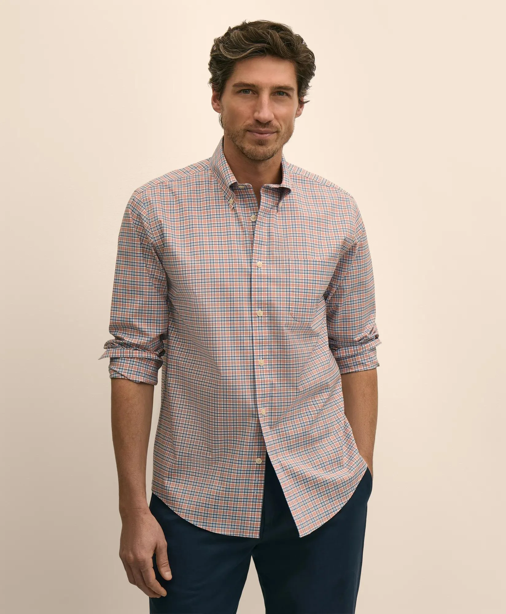 Stretch Cotton Non-Iron Broadcloth Polo Button-Down Collar, Check Sport Shirt - 1