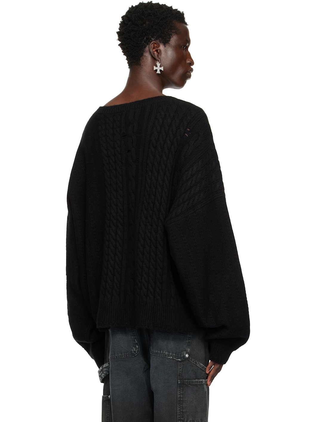 Black Cable Knit Crewneck Sweater - 3