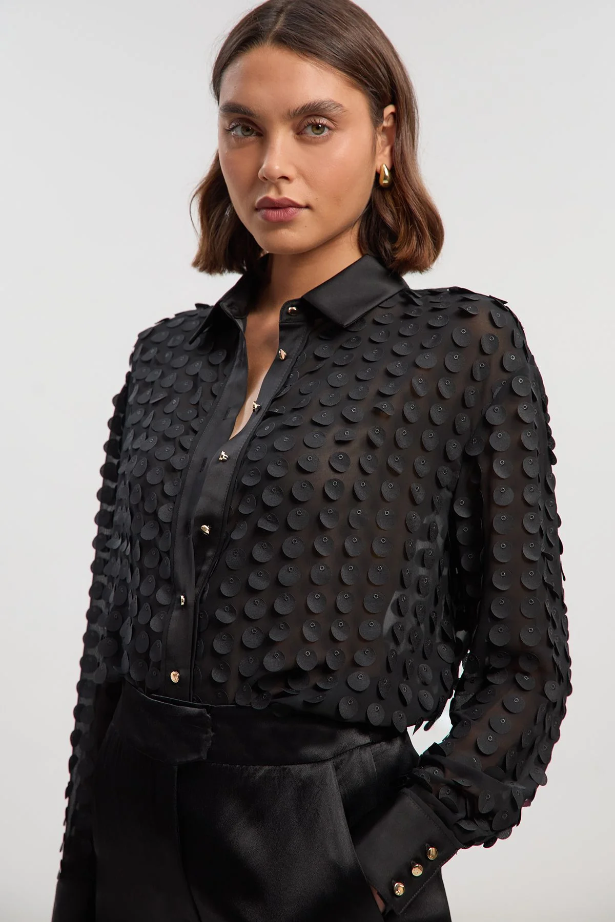 Textured Georgette With Satin Collared Woven Shirt - 1