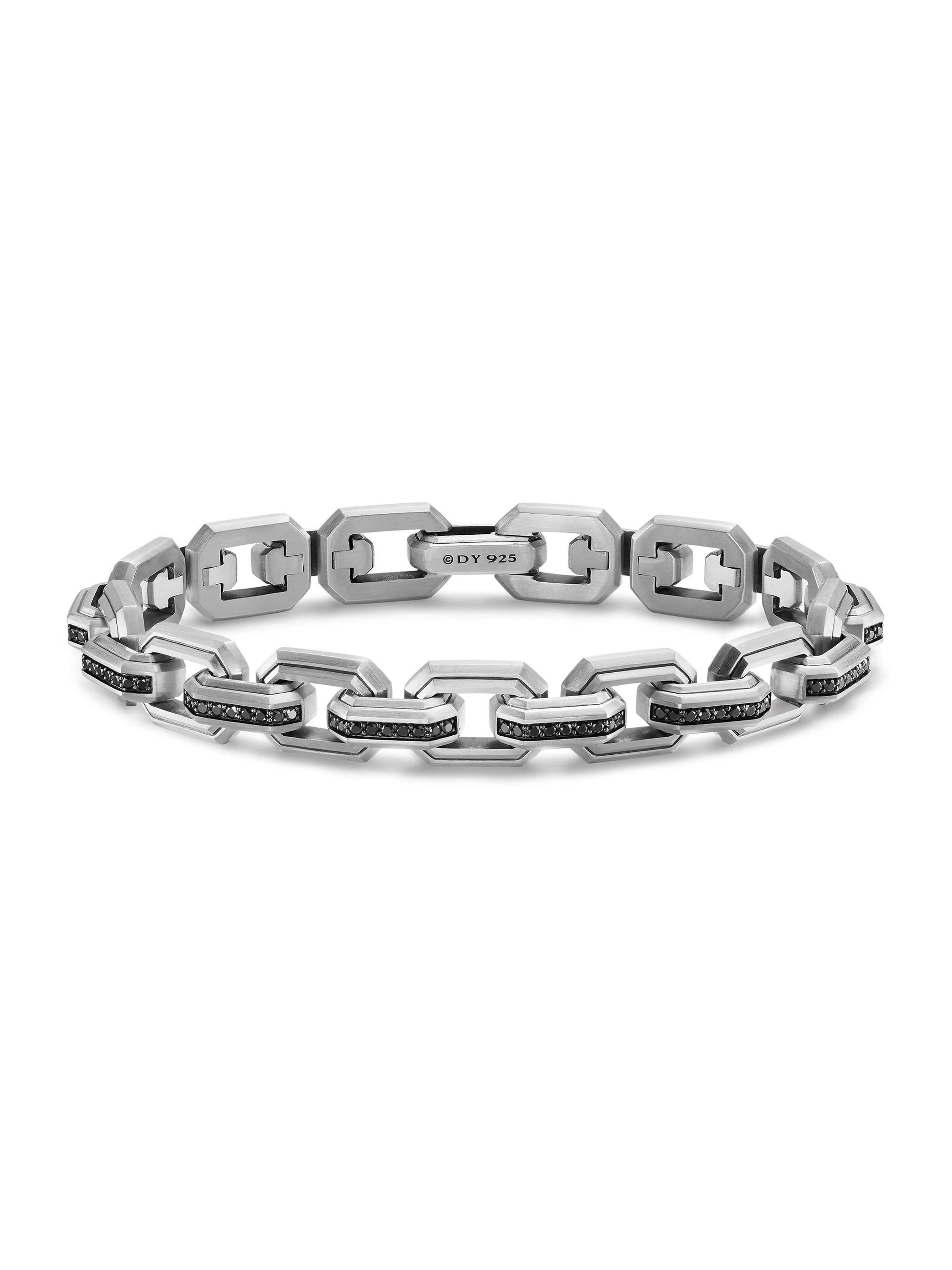 Men's Faceted Flat Link Bracelet in Sterling Silver - Black Diamond - 1