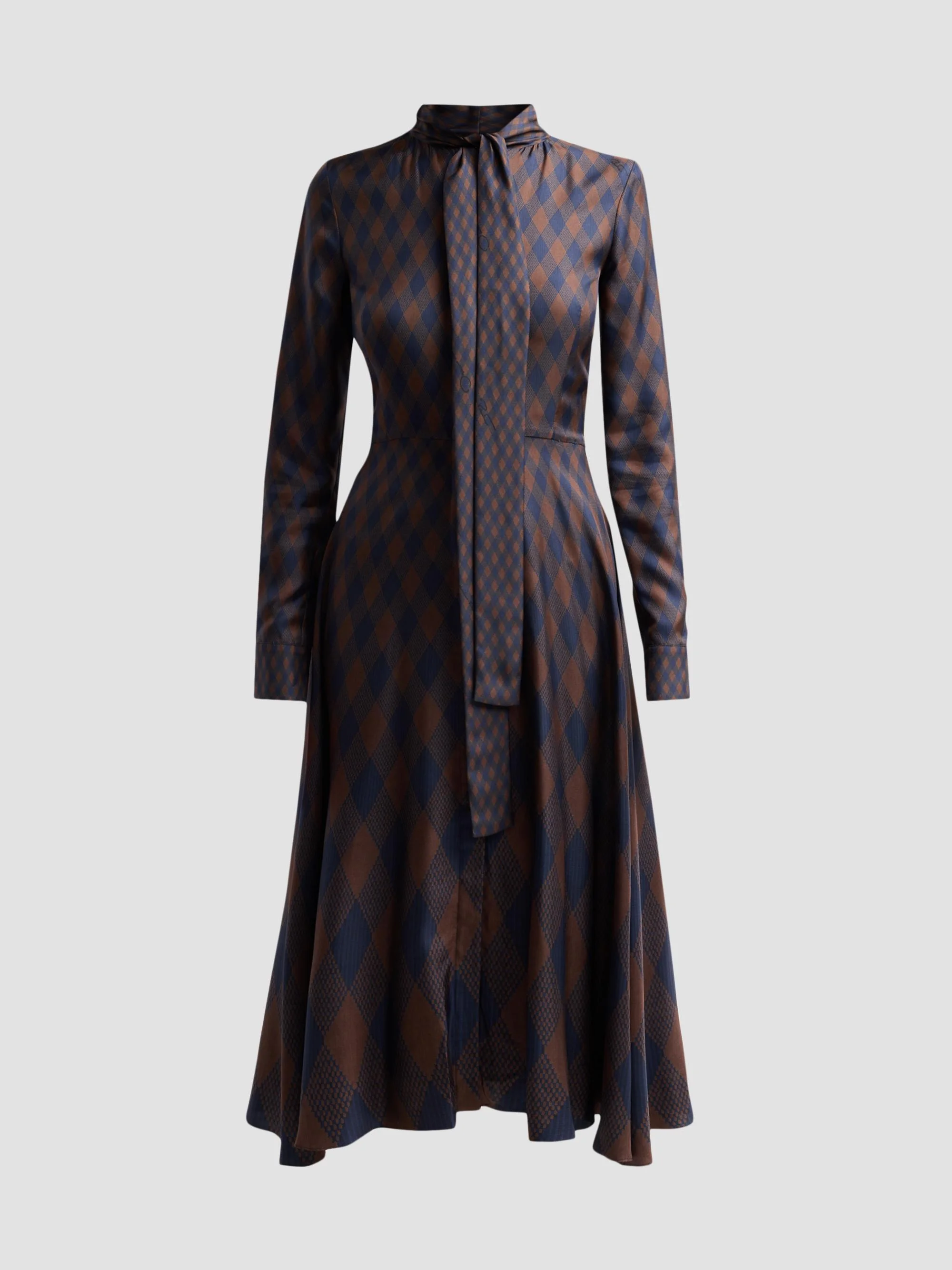 Women's Argyle Silk Twill Tieneck Day Dress - Navy Brown - 1