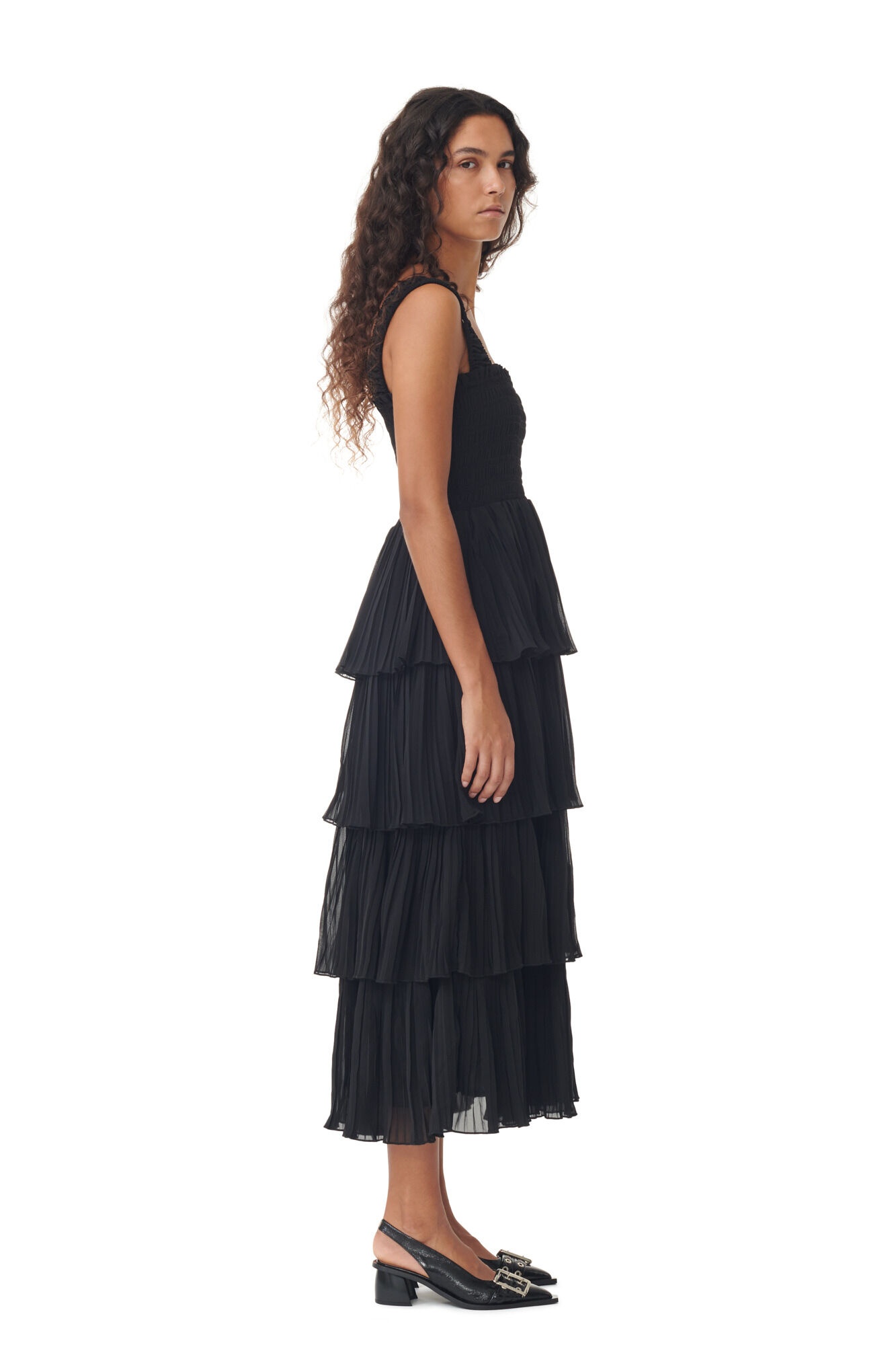 BLACK PLEATED GEORGETTE FLOUNCE SMOCK MIDI DRESS - 3