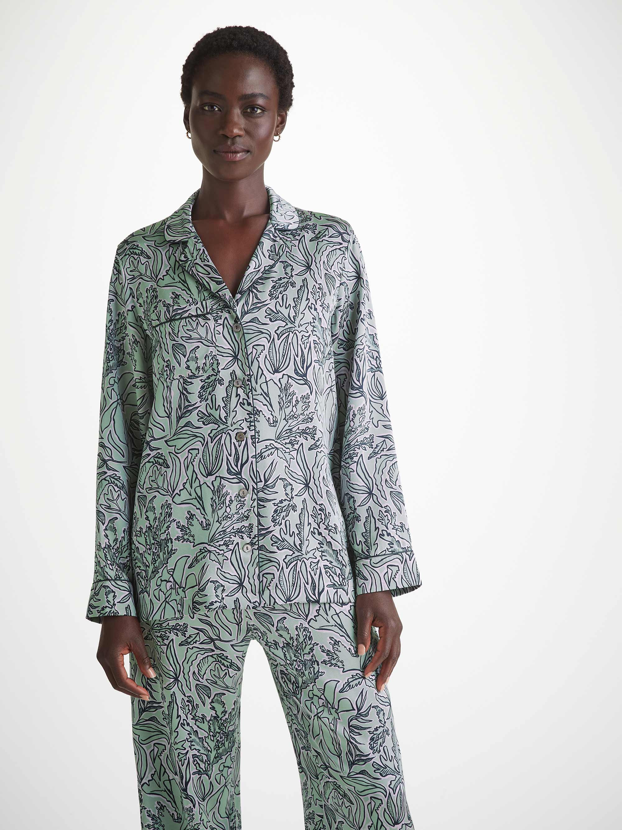 Women's Pajamas Silk Satin Green Sea Kelp Pattern - 4