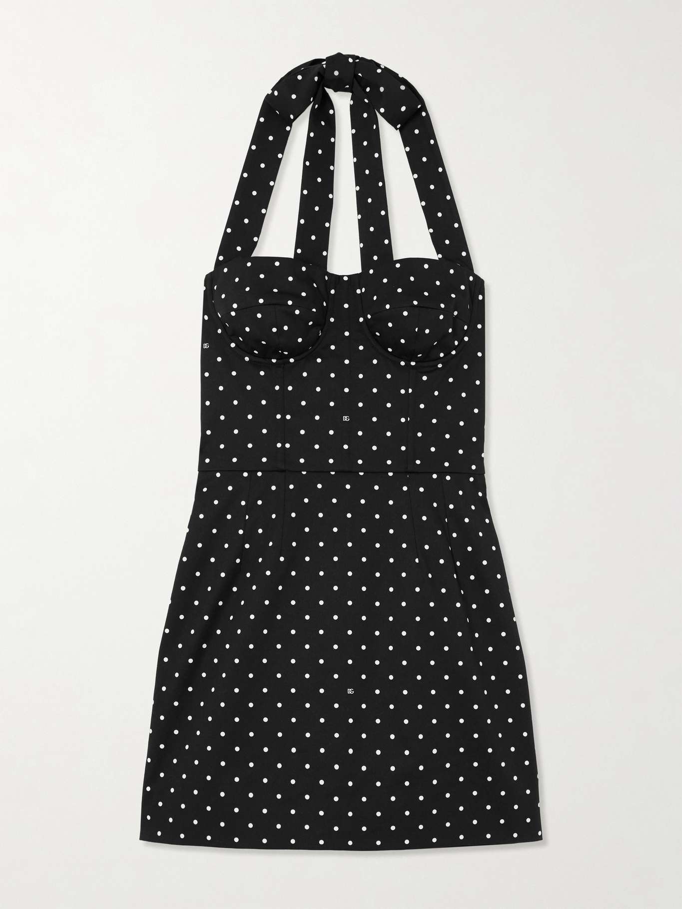 Printed polka-dot cotton-blend drill halterneck mini dress - 1