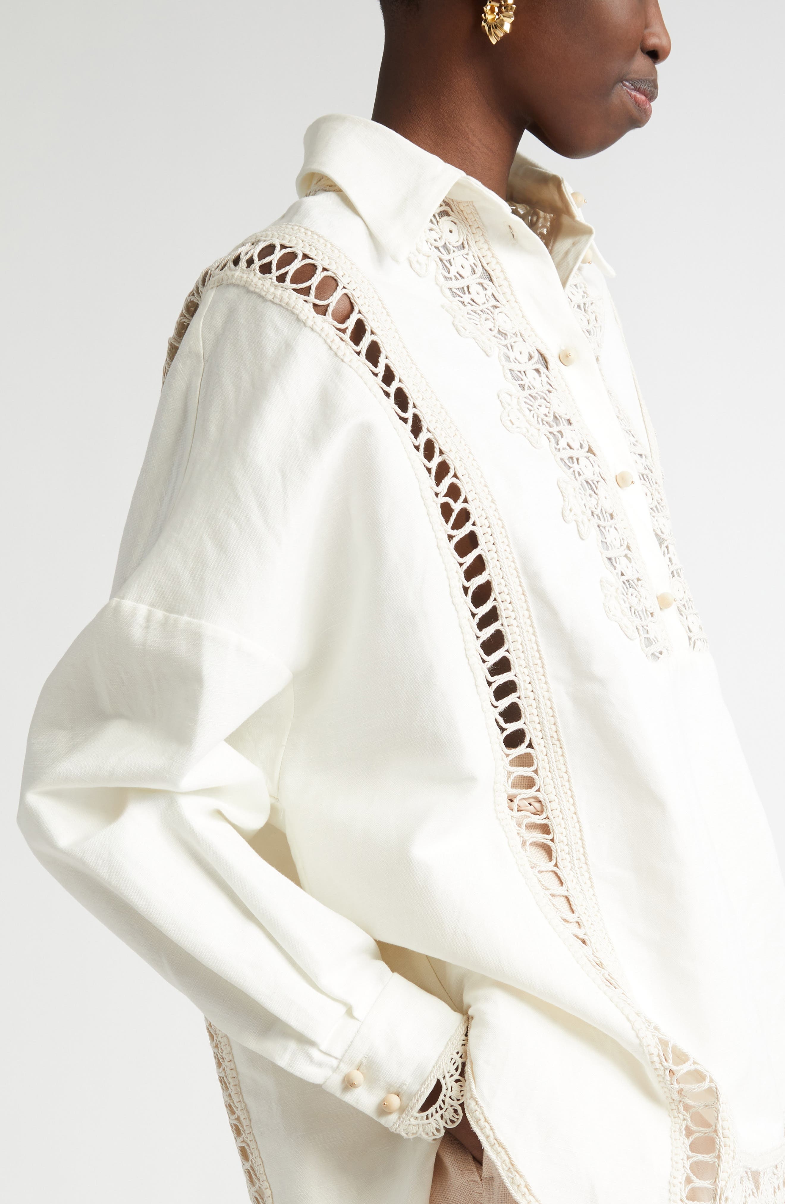 Zimmermann Macramé Lace Trim Linen Shirt in Cream at Nordstrom - 5