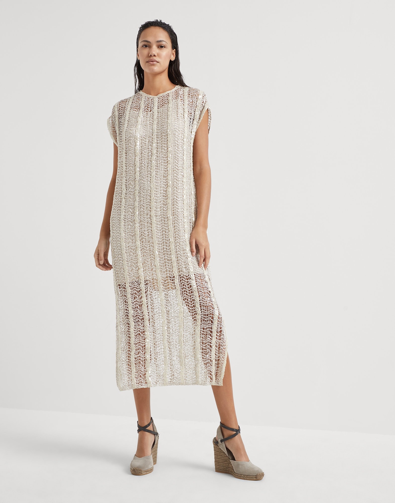 Dazzling striped net embroidery dress in techno raffia - 1