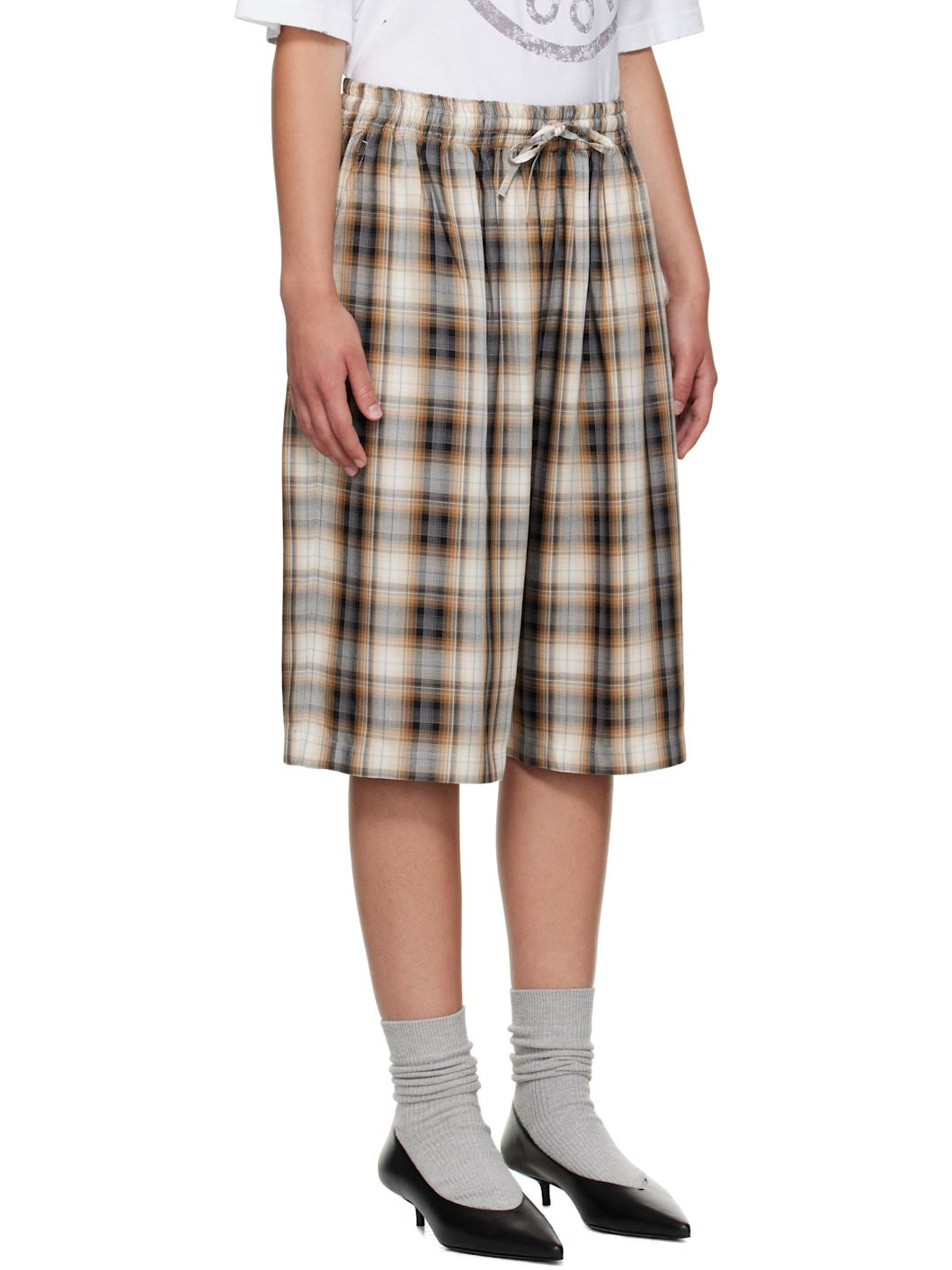 Beige & Black Check Shorts - 2