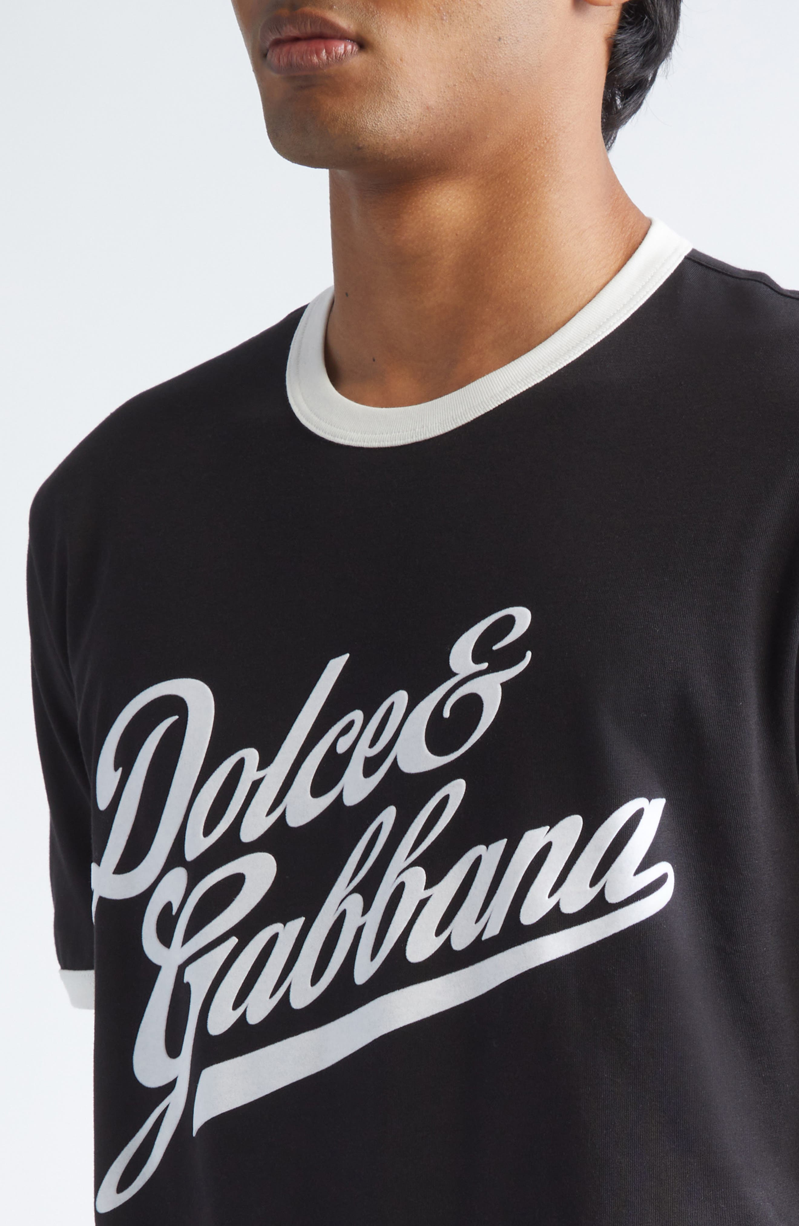 Dolce&Gabbana Flocked Logo Appliqué Ringer T-Shirt in N0000 Nero at Nordstrom - 5