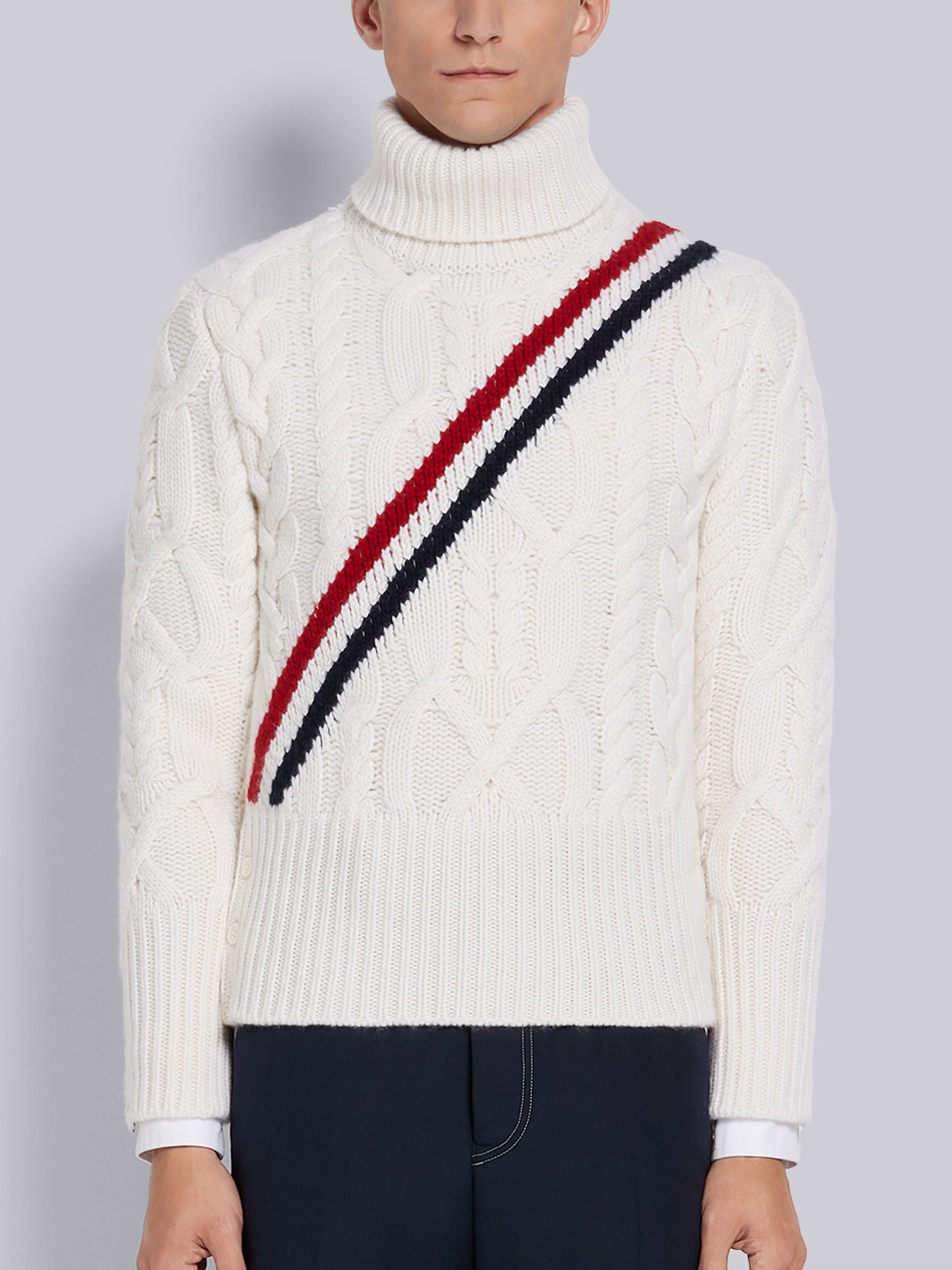 White Cashmere Aran Cable Diagonal Stripe Classic Turtleneck - 1