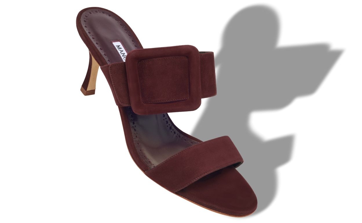 Dark Red Suede Open Toe Mules - 2