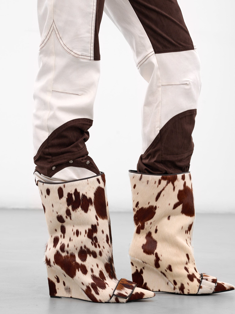 White Cow Print Wide Boots 7