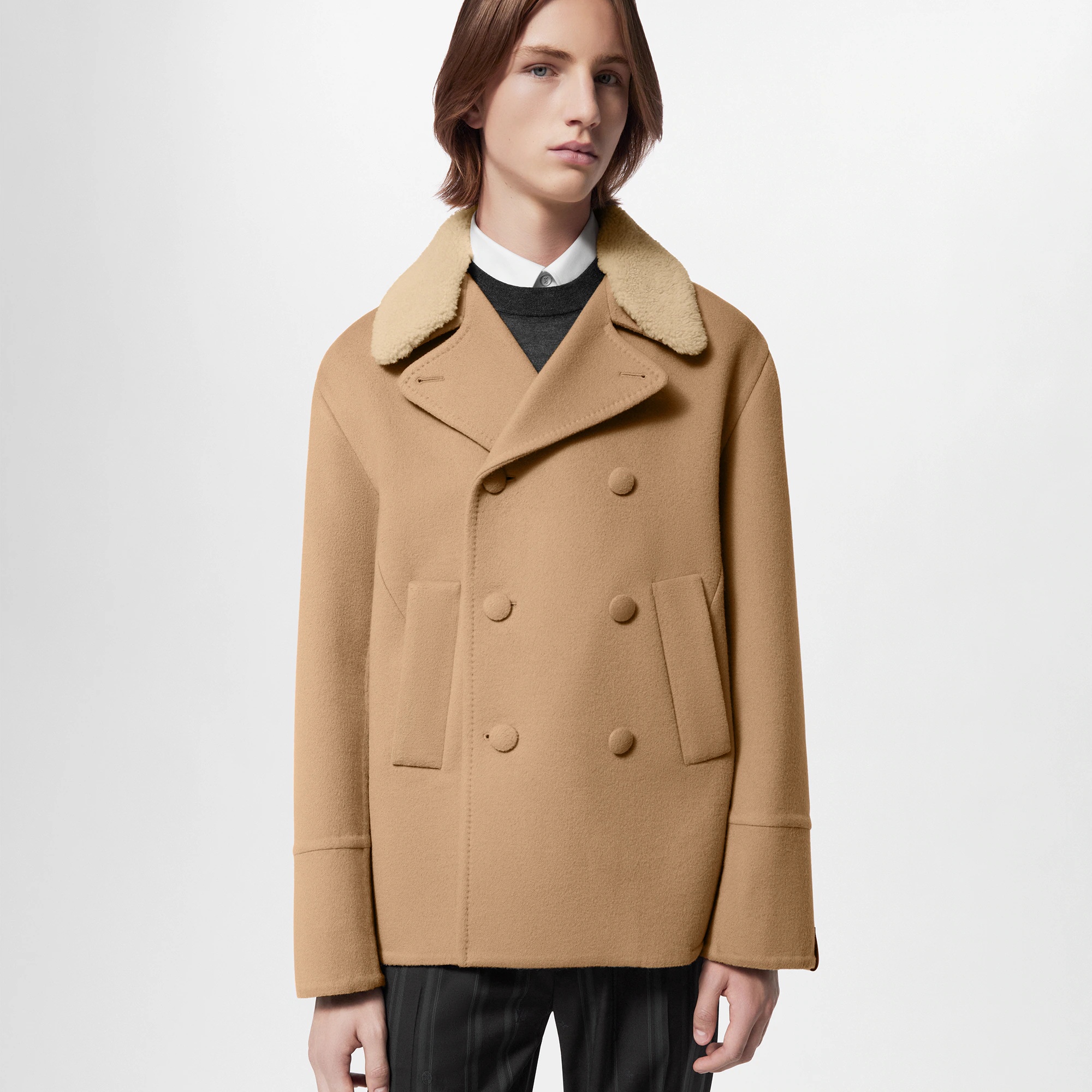 Double Face Wool-Silk Peacoat With Shearling Collar - 4