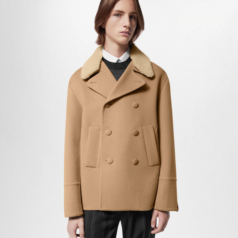 Double Face Wool-Silk Peacoat With Shearling Collar 4