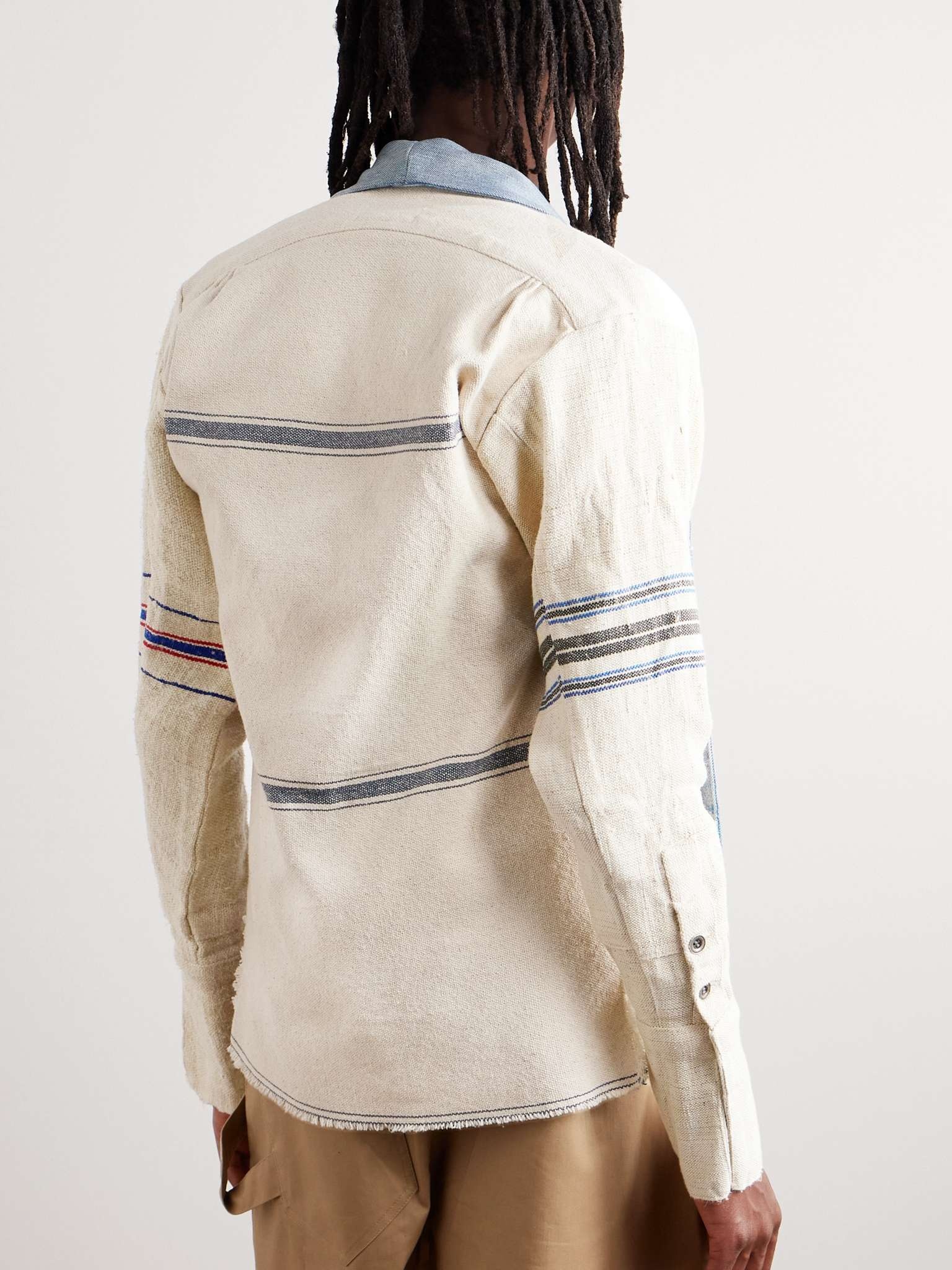 Shawl-Collar Denim-Trimmed Striped Hemp Overshirt - 4