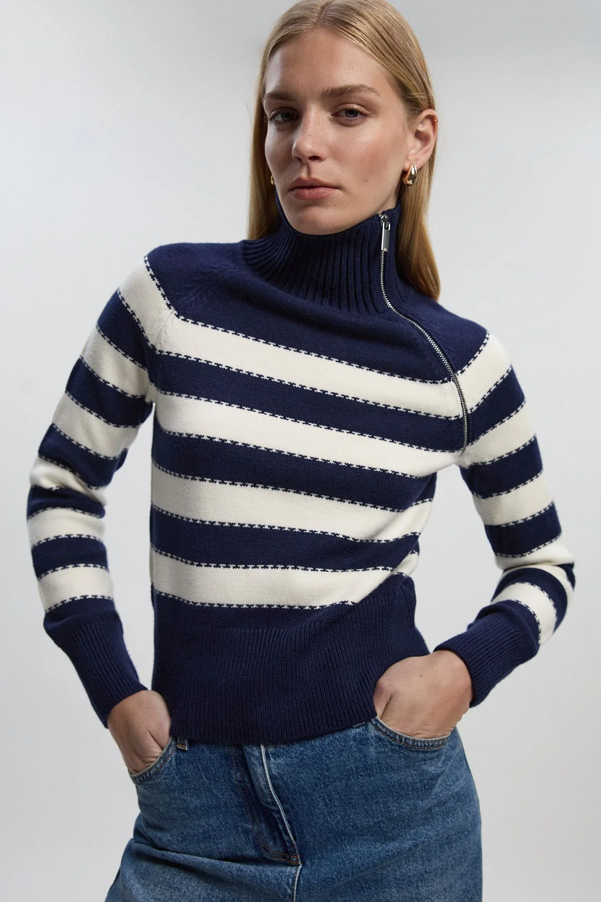Stripe Zip Through Funnel Neck Knit Jumper - 1