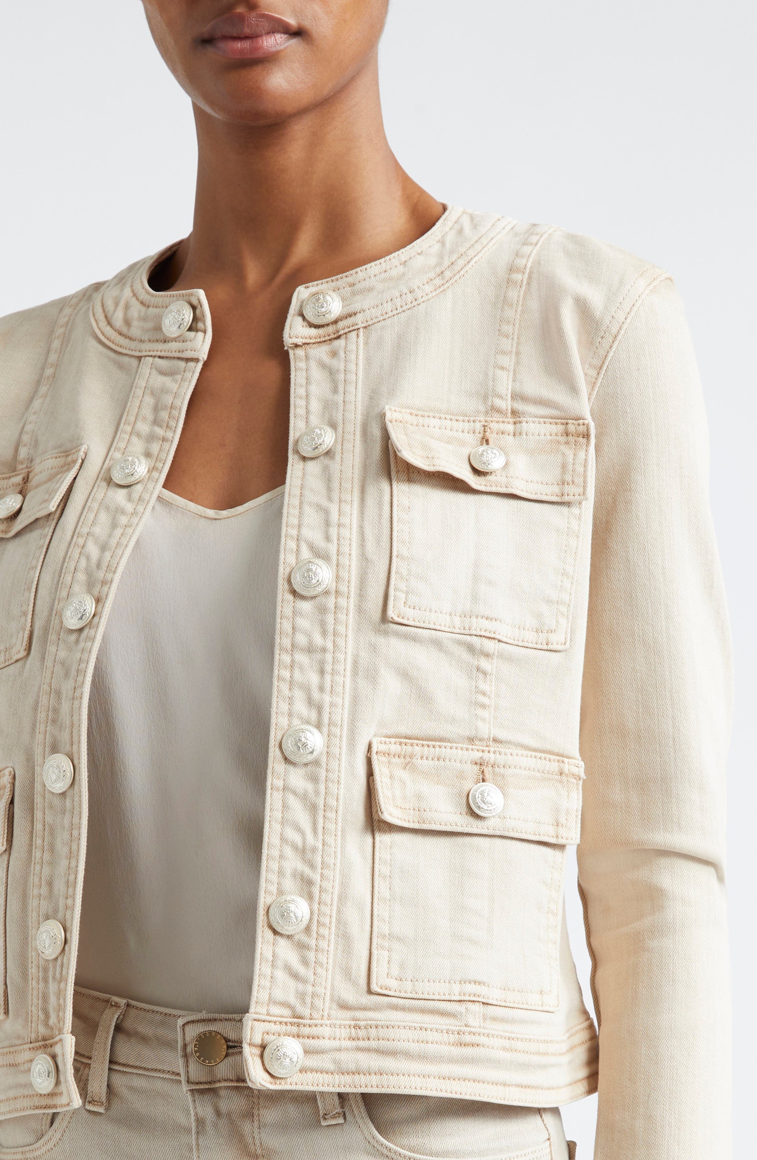 L'AGENCE Yari Collarless Stretch Cotton Jacket in Biscuit at Nordstrom - 5