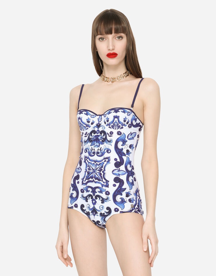 Majolica-print balconette one-piece swimsuit - 4
