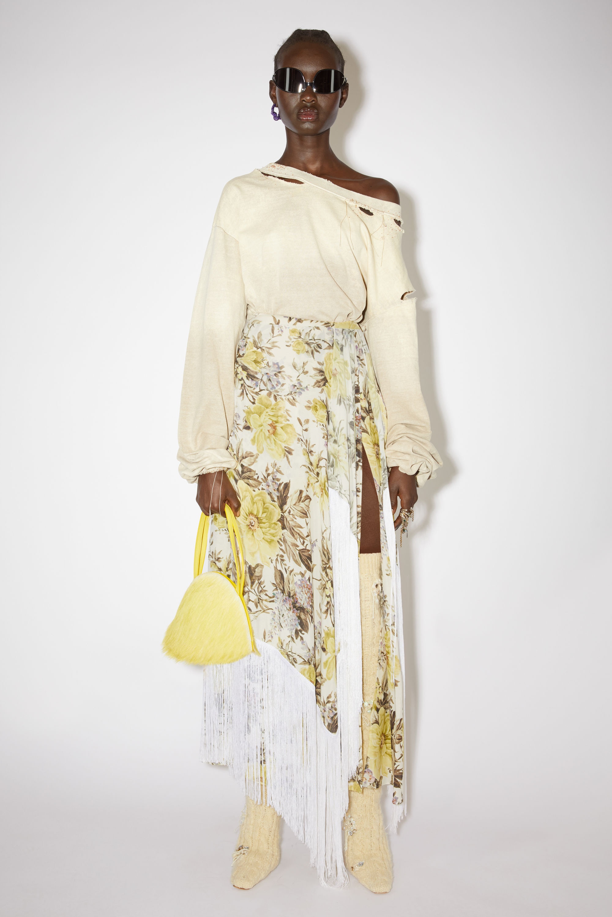 Flower print fringe skirt - Beige - 2