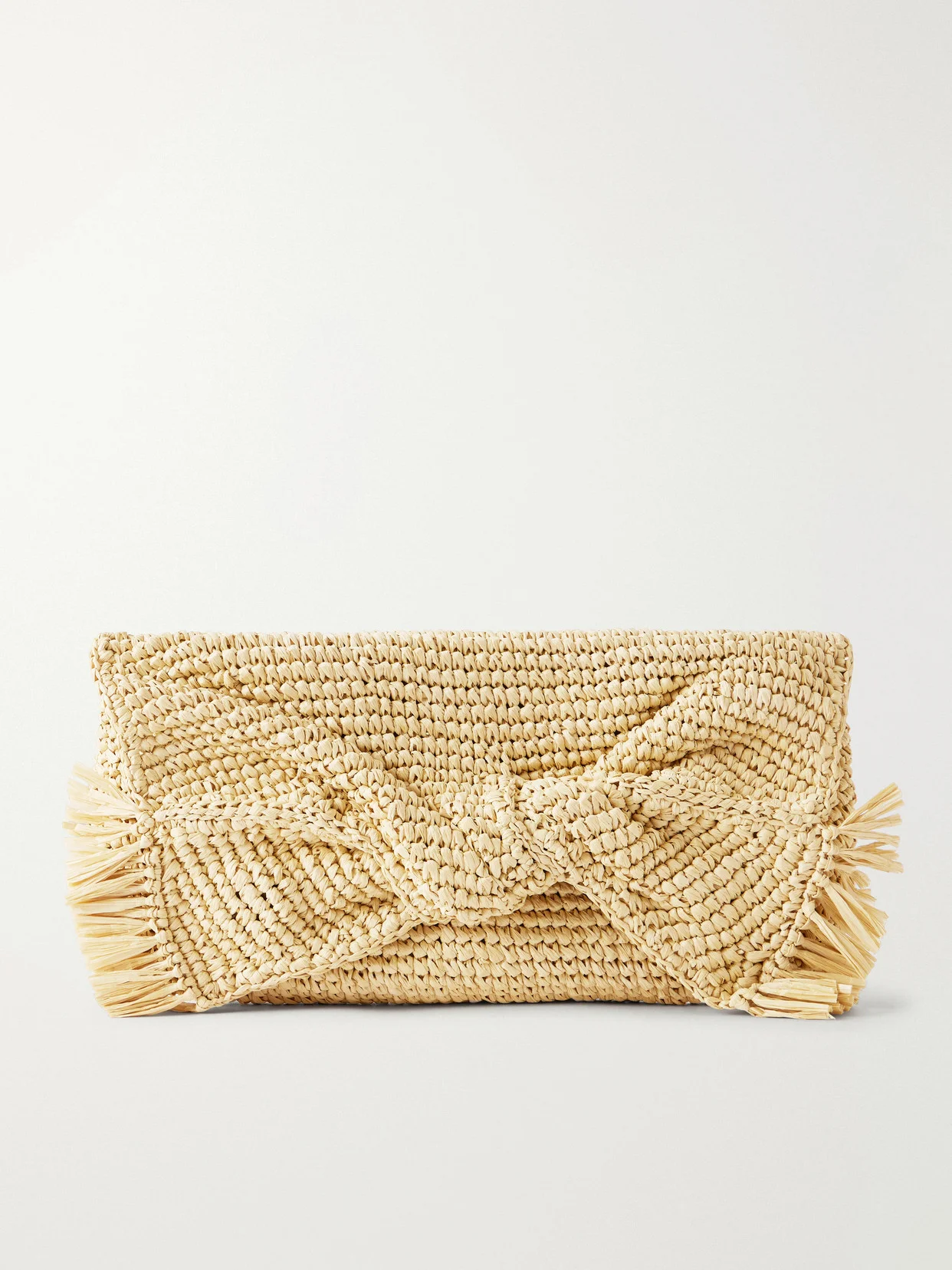 Bow Leather-trimmed Raffia Clutch - 1