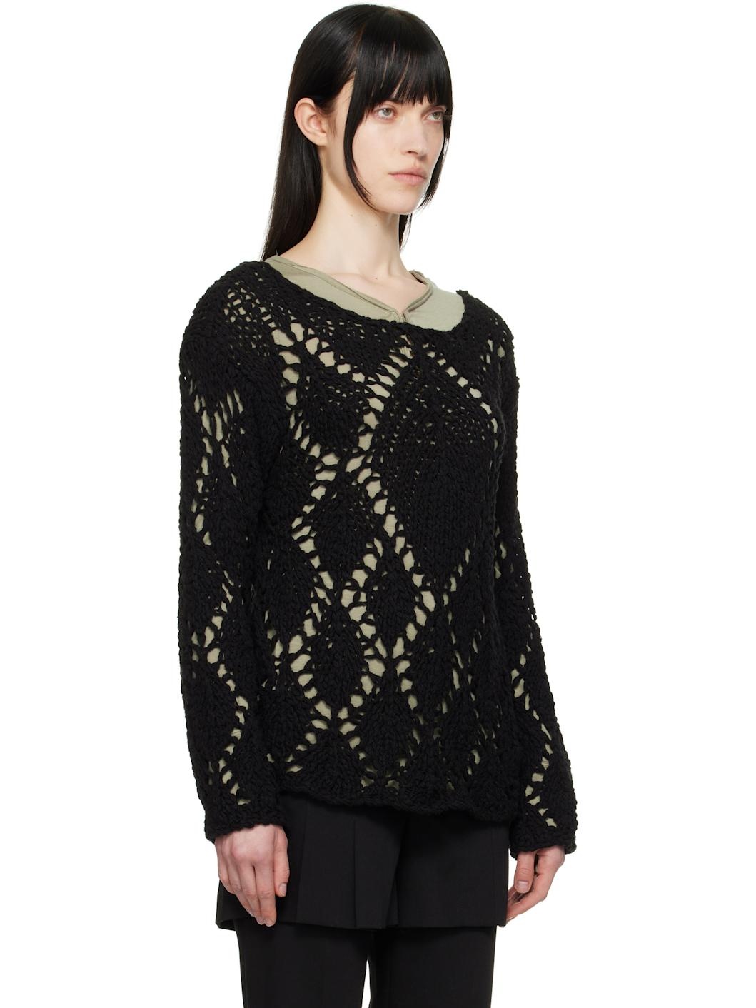Black Cotton Argyle Pointelle Pullover Sweater - 2