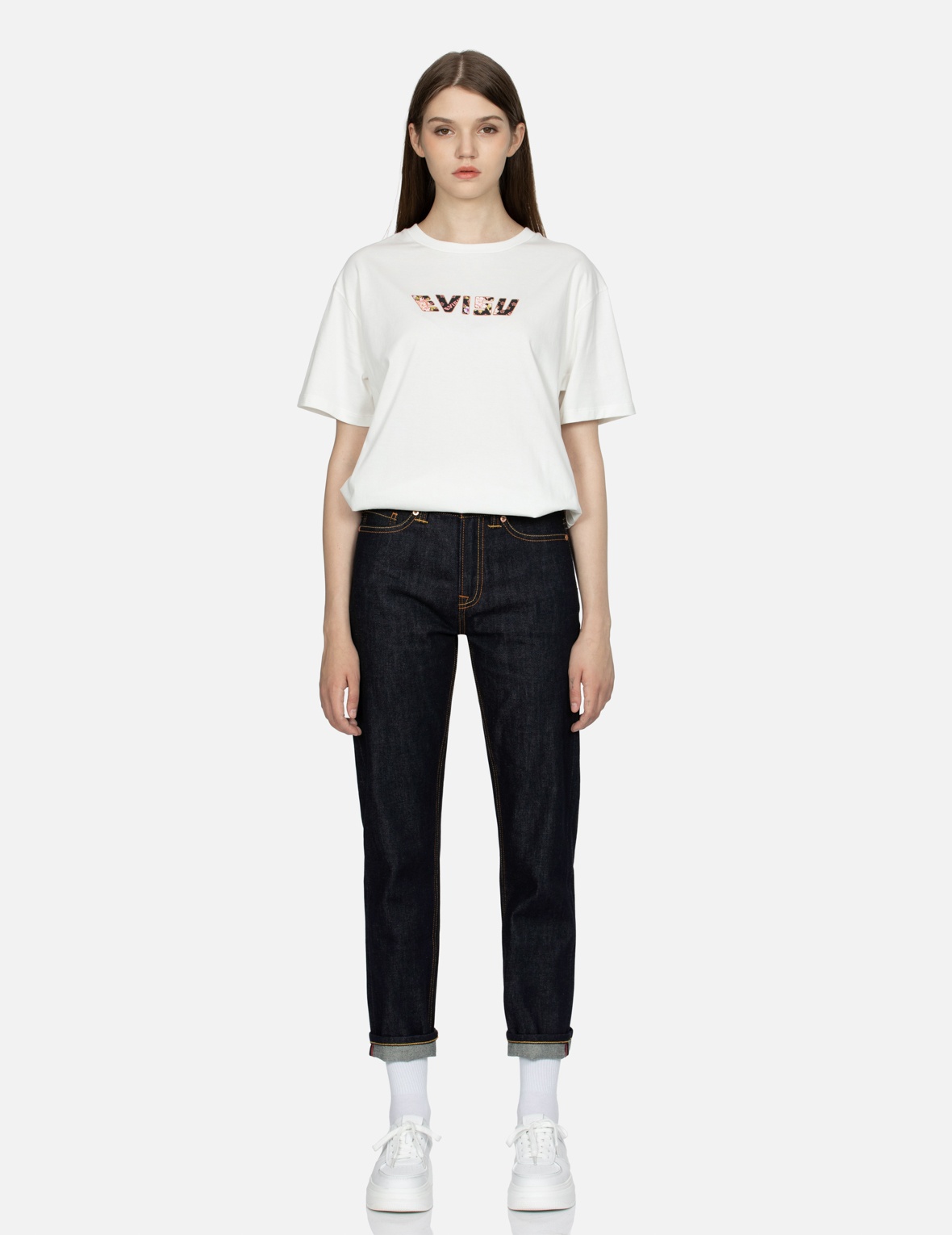 GOLDFISH AND FLORAL FLOW EMBROIDERY STRAIGHT FIT DENIM JEANS - 6