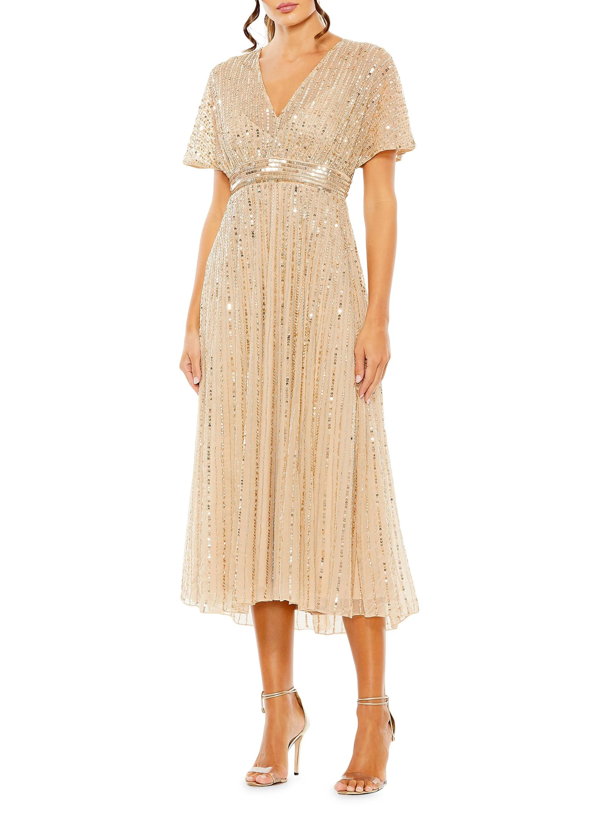 Women's Sequined Short-Sleeve Midi-Dress - Taupe - 1