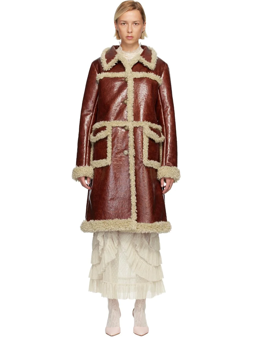 Brown Curly Lamb Trim Faux-Leather Coat - 1