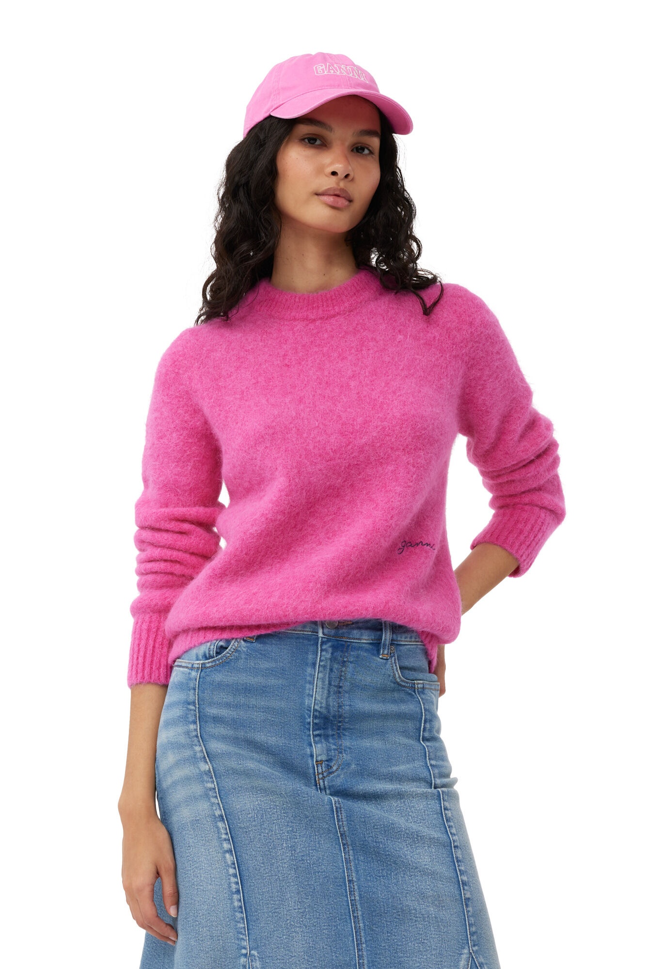PINK BRUSHED ALPACA O-NECK SWEATER - 4
