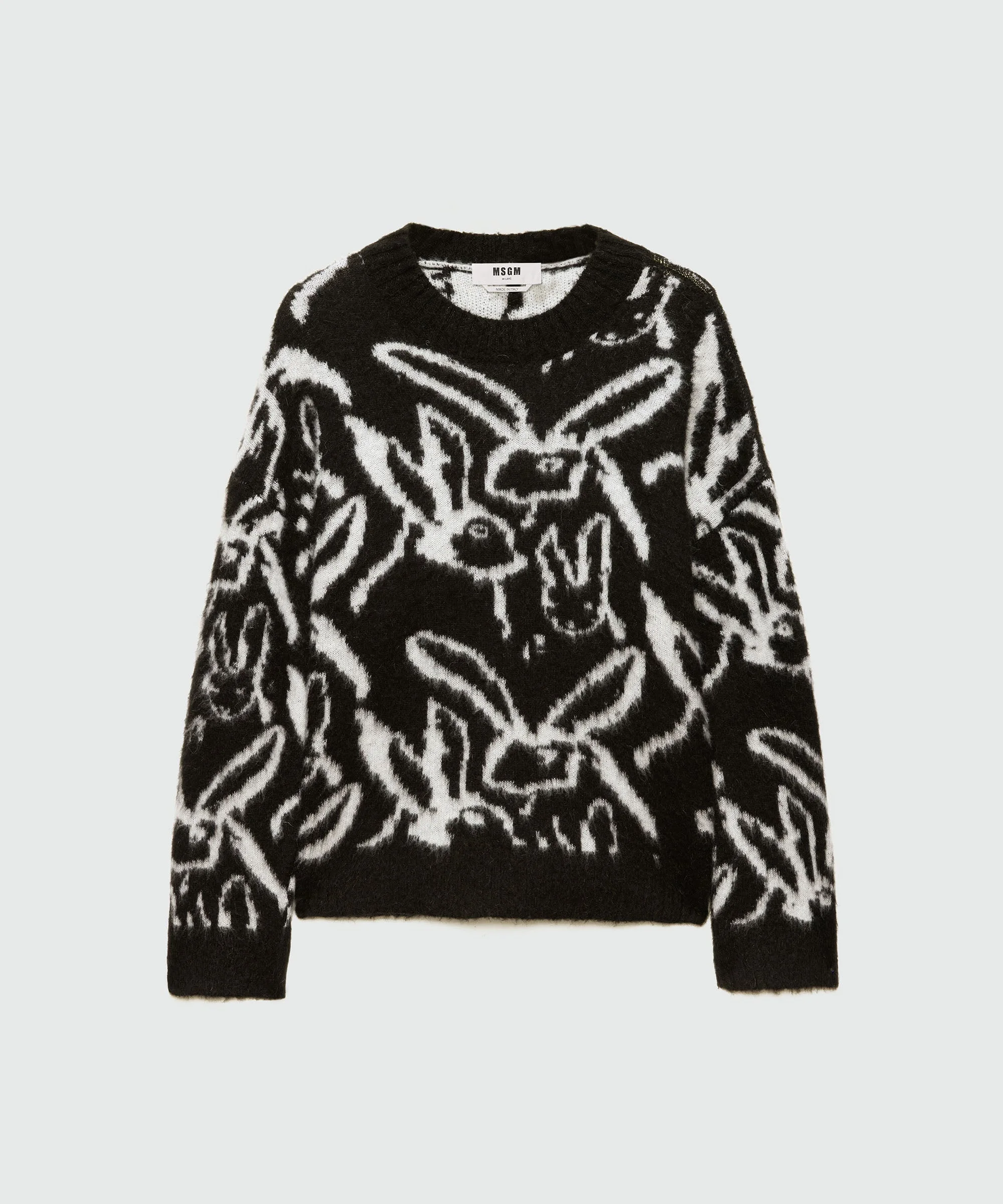 Black brushed mohair sweater with "Sketched Bunnies" jacquard pattern - 1