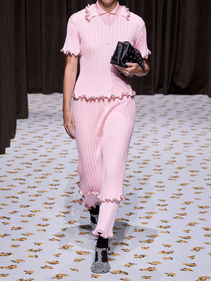 Bead-embellished ribbed-knit polo shirt Pink 4