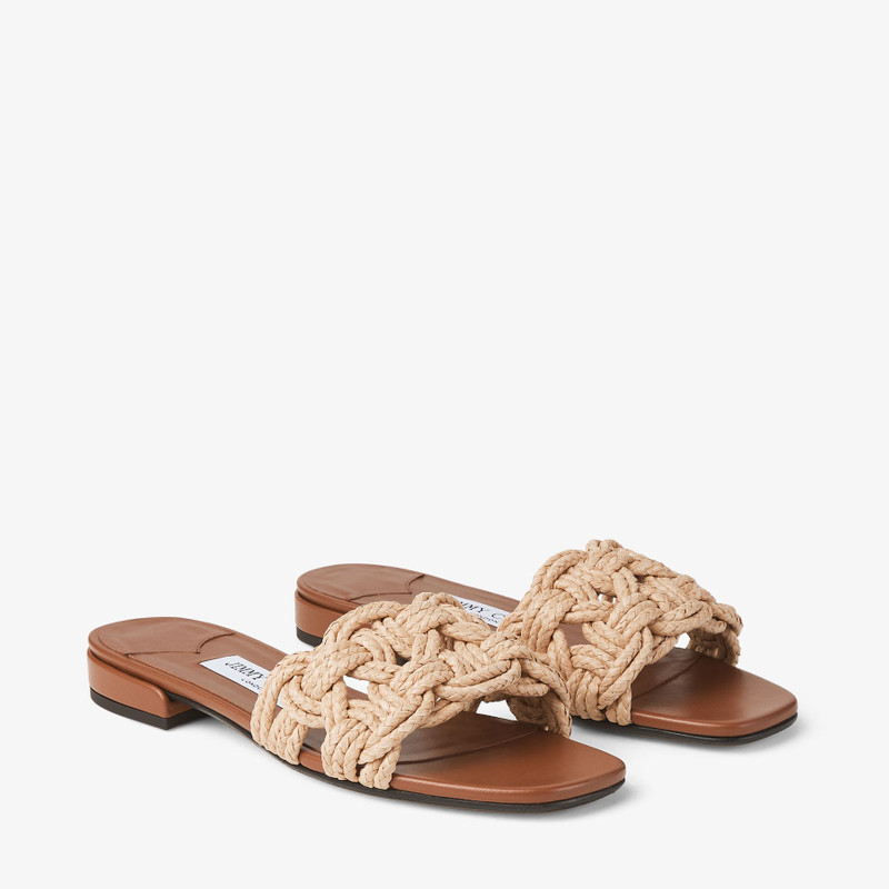 Chara Flat Tan Leather and Crochet Raffia Slide 3