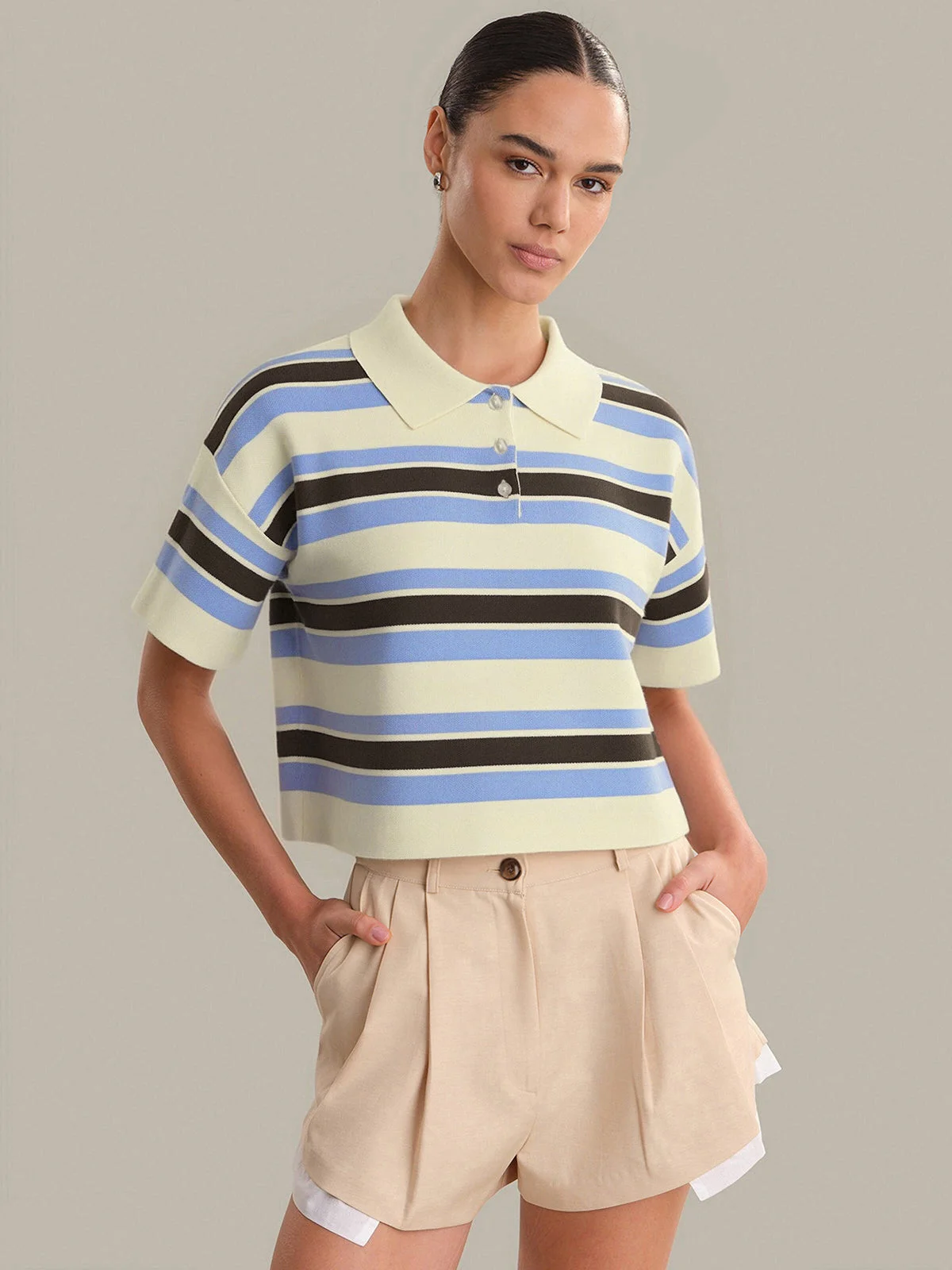 Mila: Stripe Short Sleeve Polo Crop Sweater - 1
