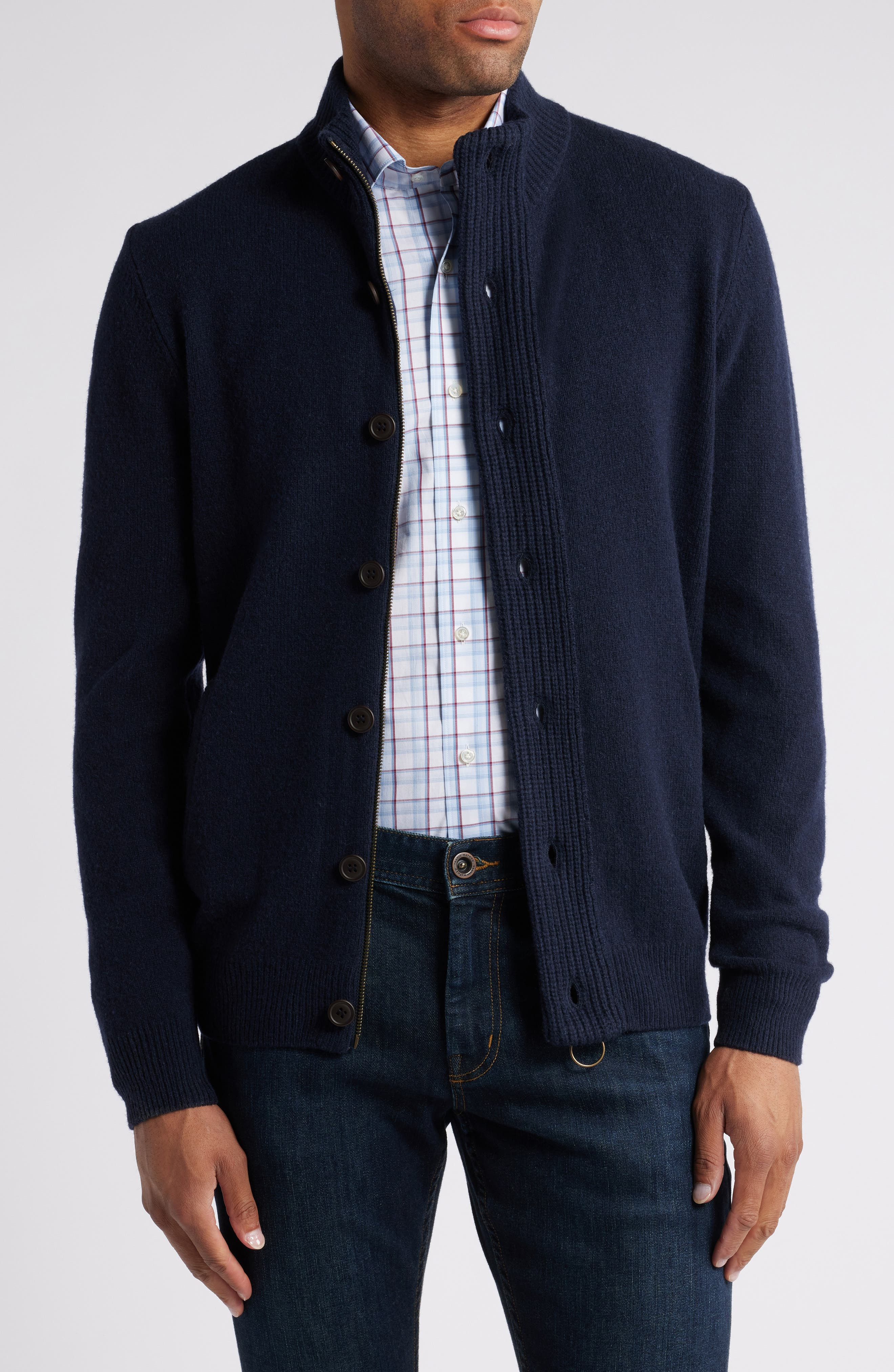 Barbour Wool Button & Zip Front Cardigan in Navy at Nordstrom - 1