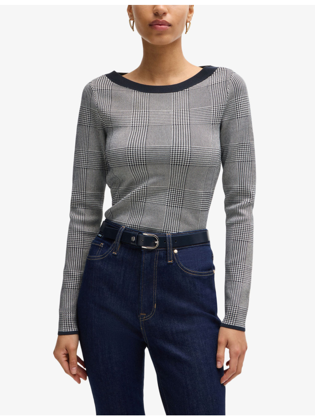 Plaid boat-neck stretch-knit top - 3