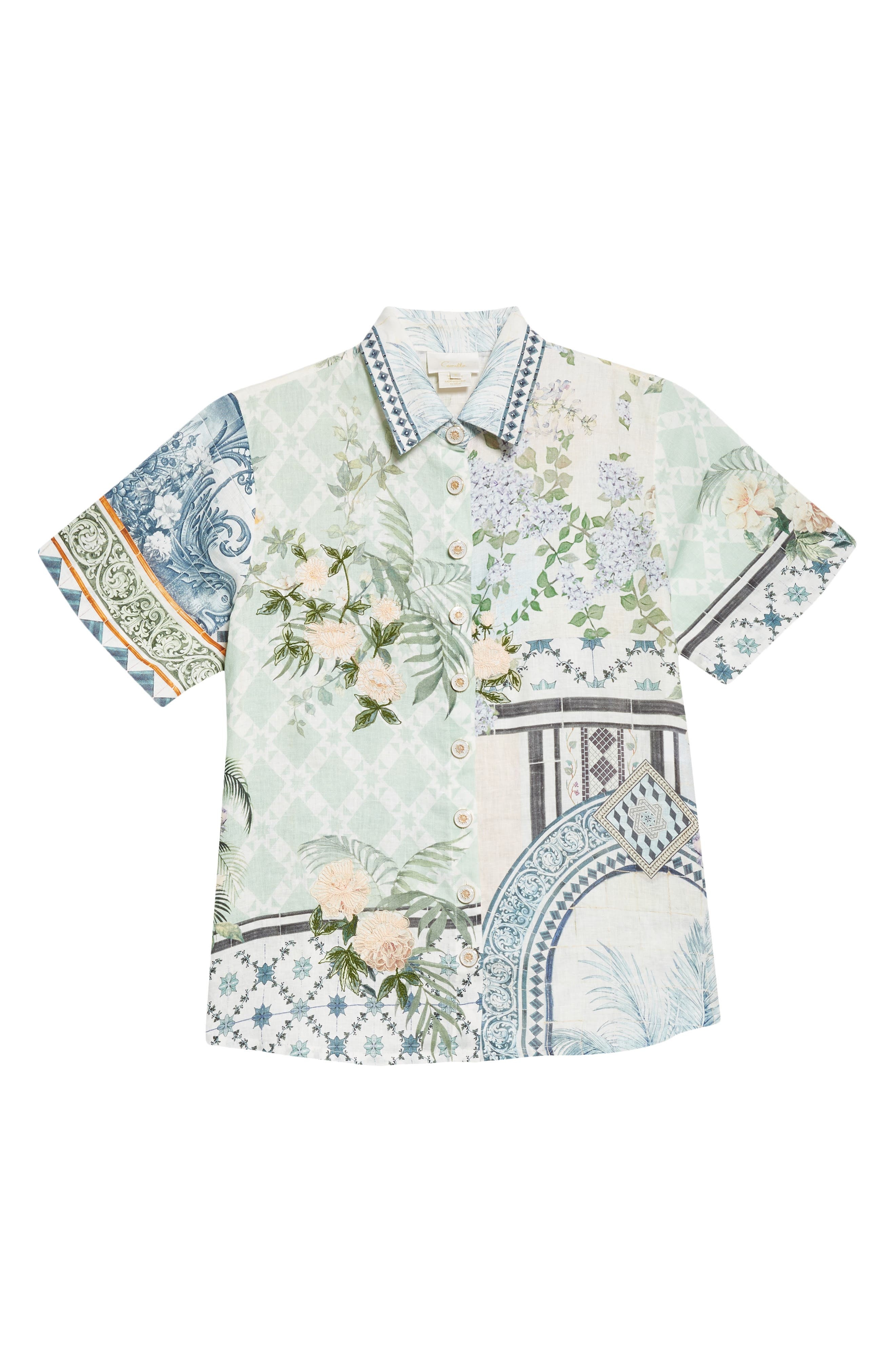Camilla Classic Linen Button-Up Shirt in Jardim Party at Nordstrom - 5